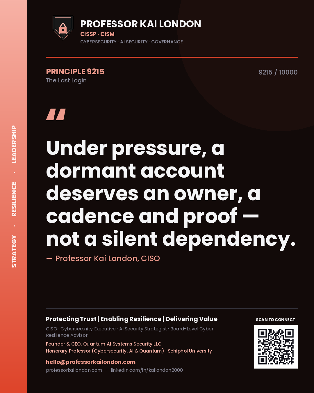 Quote card by Professor Kai London reading 'Under pressure, a dormant account deserves an owner, a cadence and proof — not a silent dependency.'. From the book The Last Login.