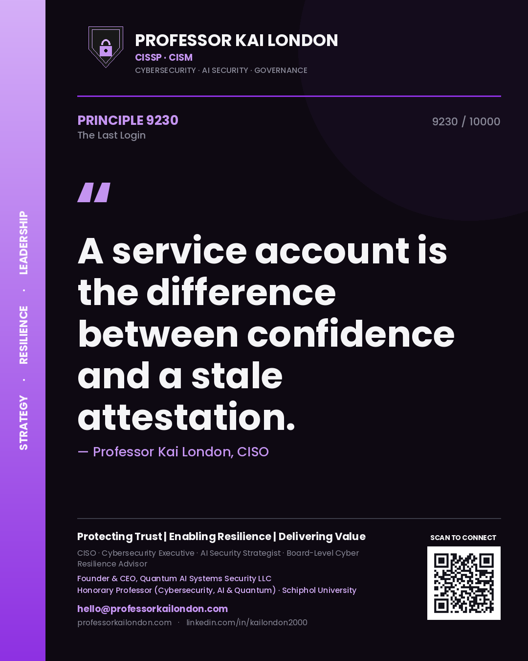 Professor Kai London principle 9230: A service account is the difference between confidence and a stale attestation.