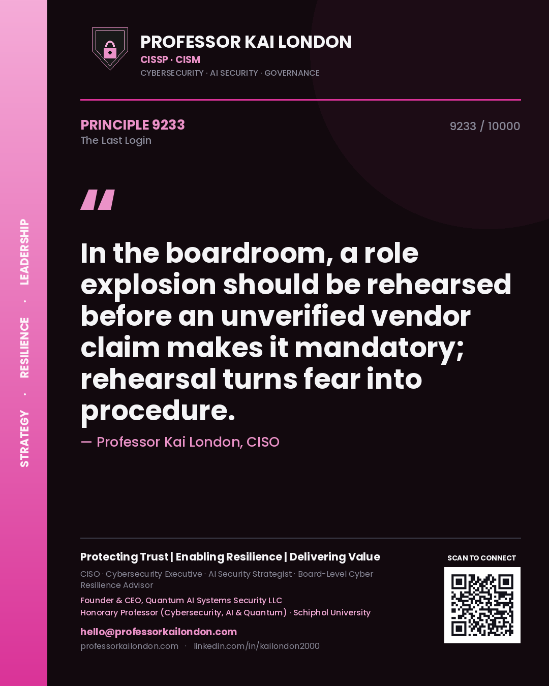 Quote card by Professor Kai London reading 'In the boardroom, a role explosion should be rehearsed before an unverified vendor claim makes it mandatory; rehearsal turns fear into procedure.'. From the book The Last Login.