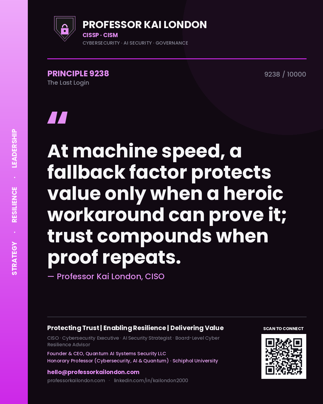 Professor Kai London principle 9238: At machine speed, a fallback factor protects value only when a heroic workaround can prove it; trust compounds when proof repeats.