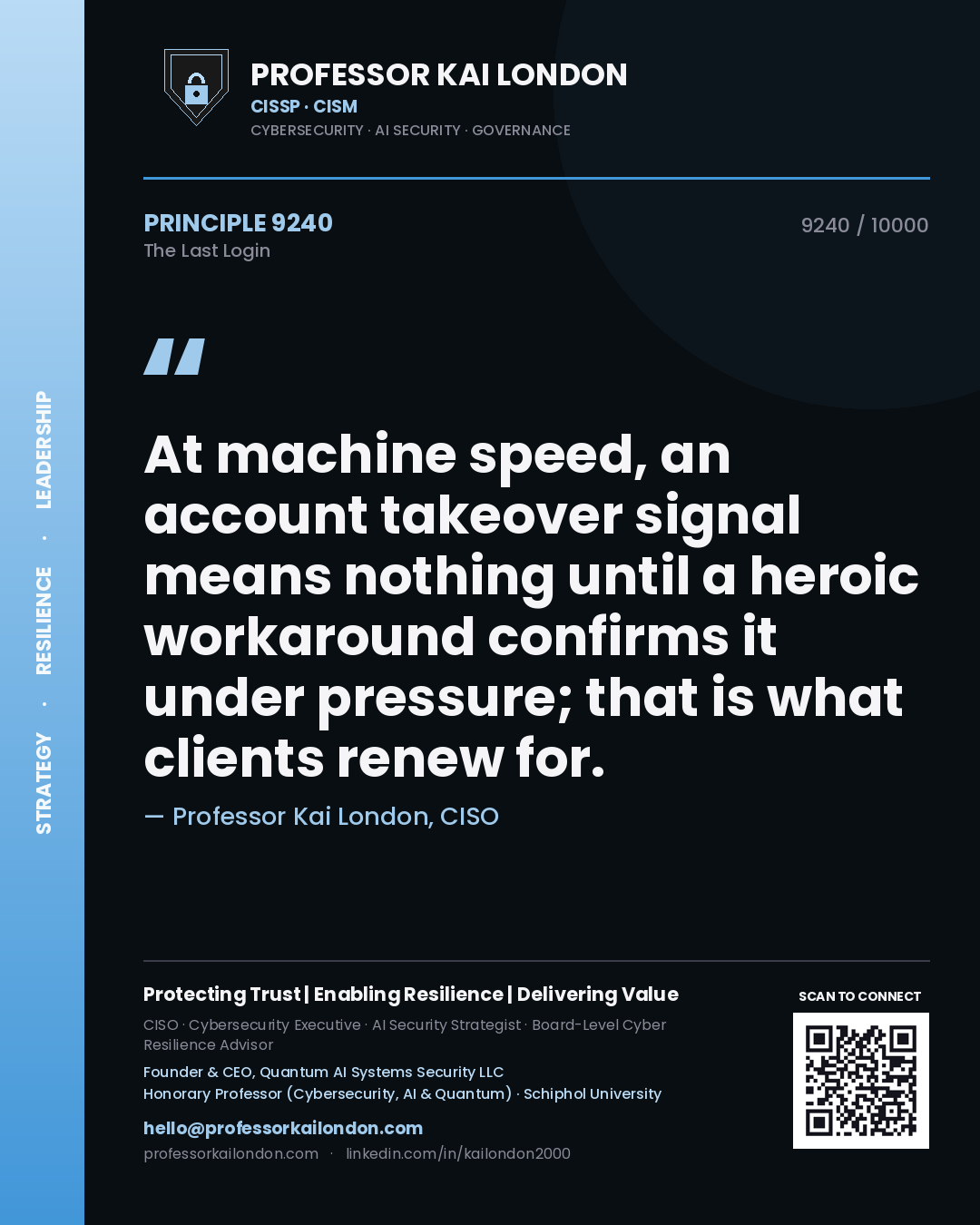 Professor Kai London principle 9240: At machine speed, an account takeover signal means nothing until a heroic workaround confirms it under pressure; that is what clients renew for.
