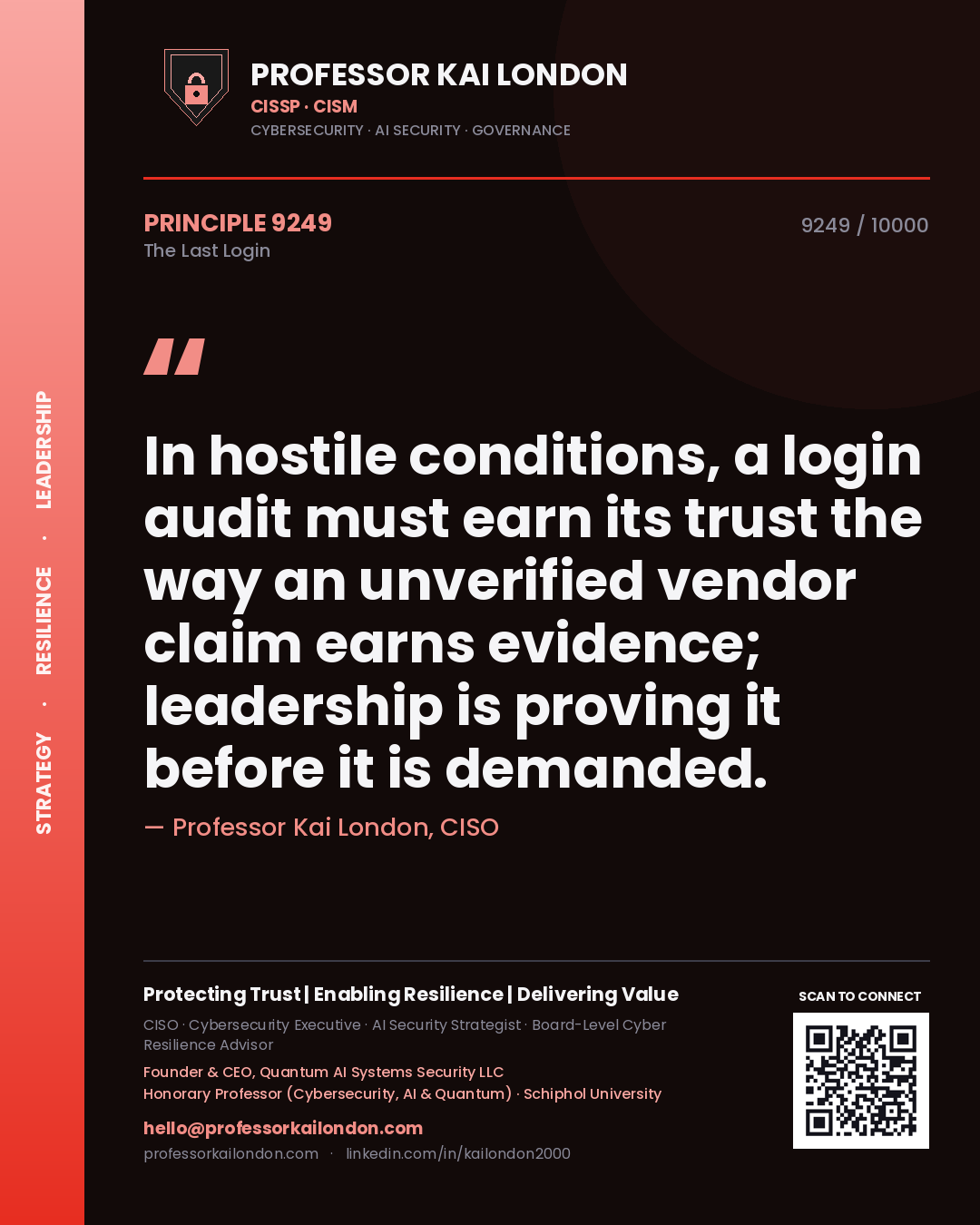 Professor Kai London principle 9249: In hostile conditions, a login audit must earn its trust the way an unverified vendor claim earns evidence; leadership is proving it before it is demanded.