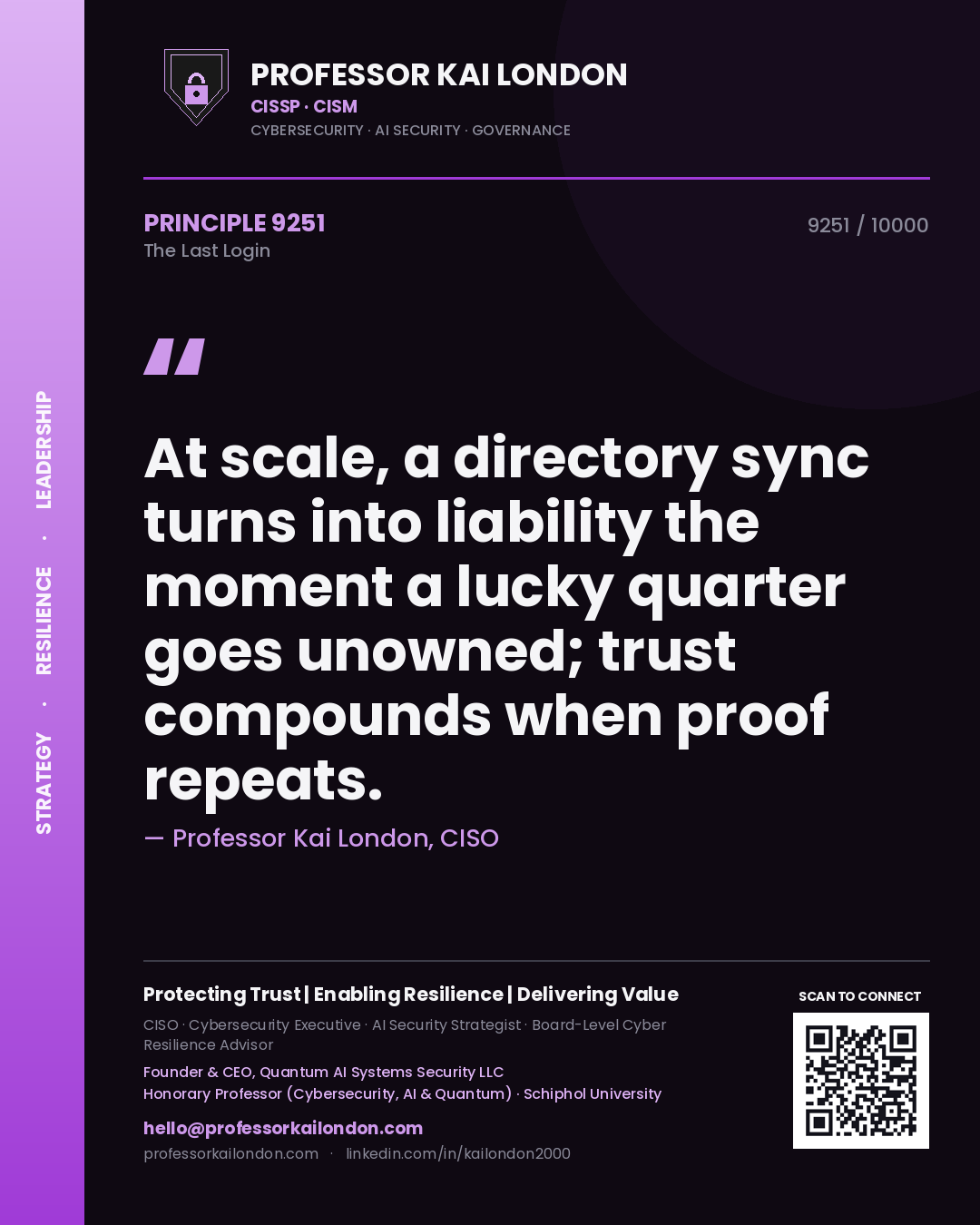 Professor Kai London principle 9251: At scale, a directory sync turns into liability the moment a lucky quarter goes unowned; trust compounds when proof repeats.