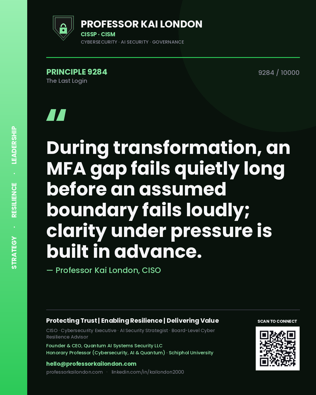 Quote card by Professor Kai London reading 'During transformation, an MFA gap fails quietly long before an assumed boundary fails loudly; clarity under pressure is built in advance.'. From the book The Last Login.