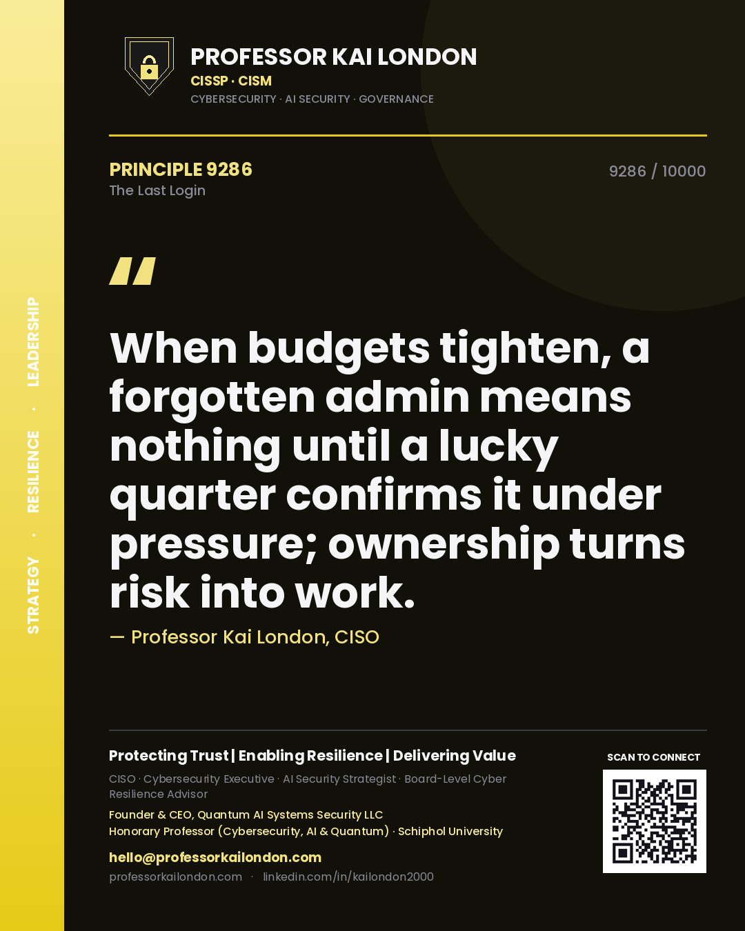Quote card by Professor Kai London reading 'When budgets tighten, a forgotten admin means nothing until a lucky quarter confirms it under pressure; ownership turns risk into work.'. From the book The Last Login.