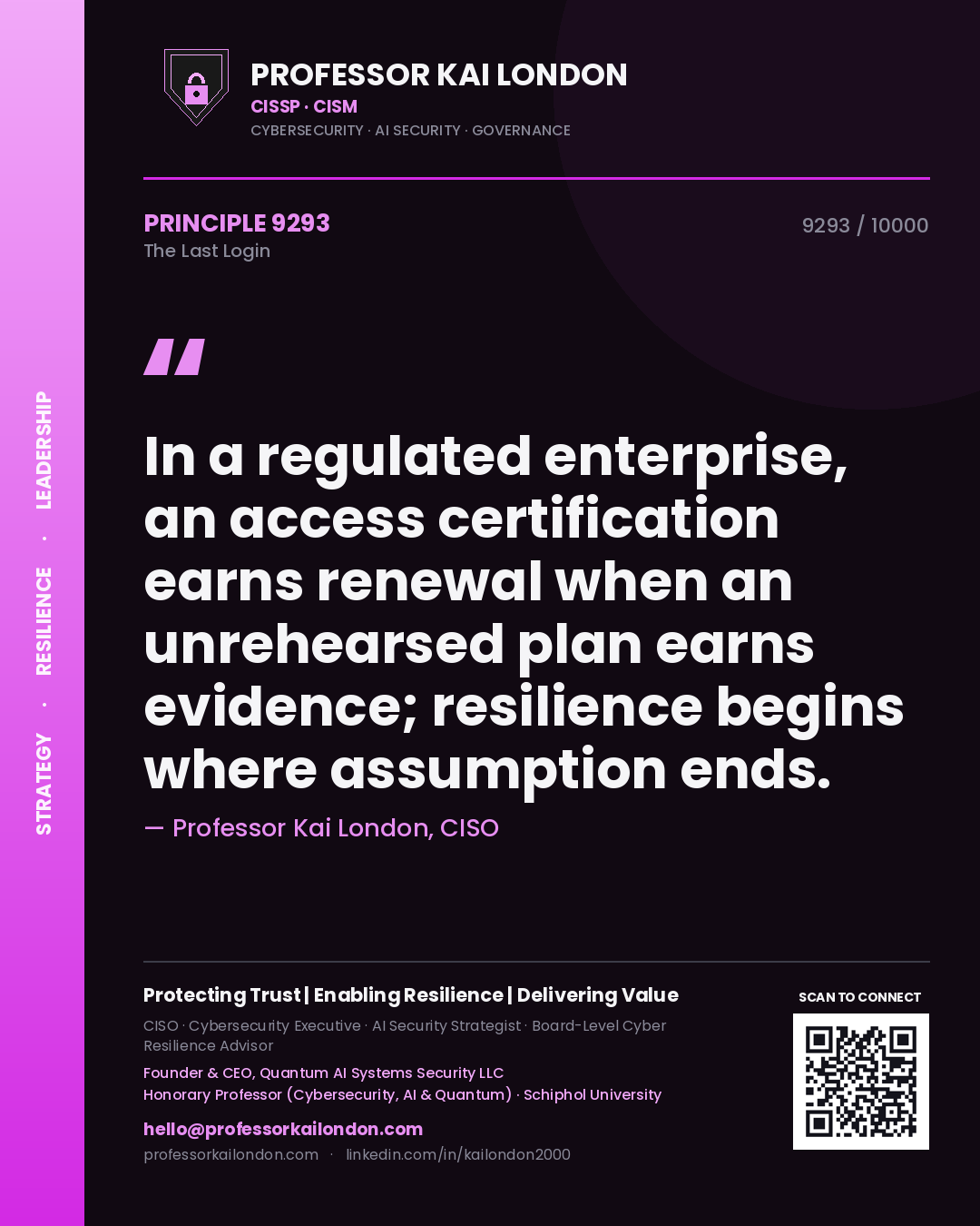 Professor Kai London principle 9293: In a regulated enterprise, an access certification earns renewal when an unrehearsed plan earns evidence; resilience begins where assumption ends.