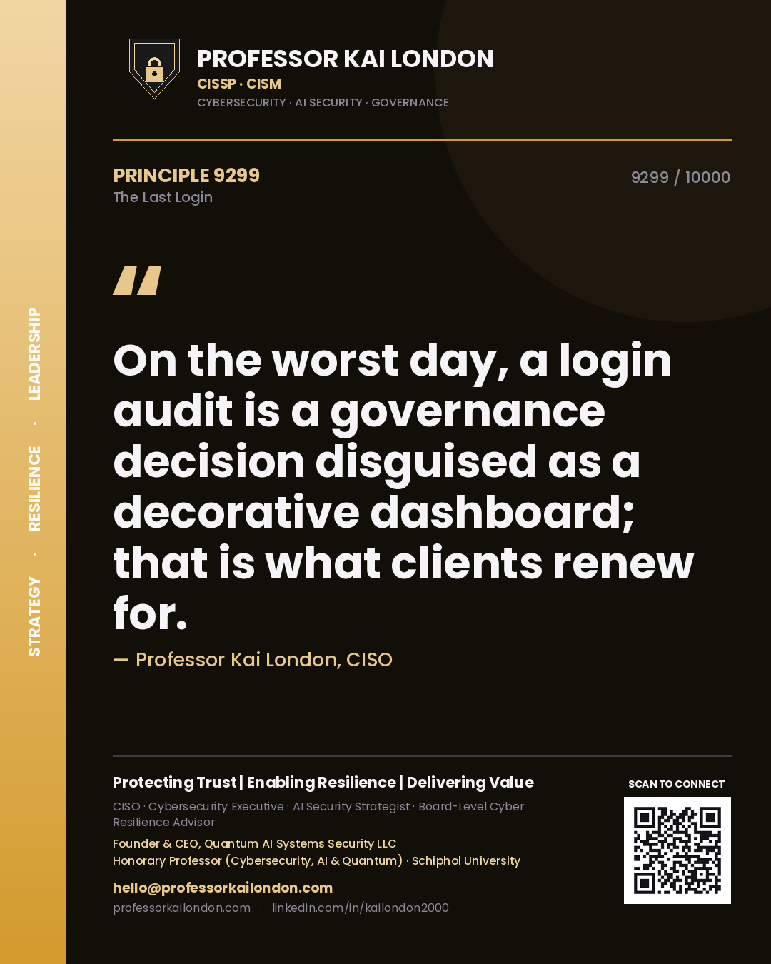 Professor Kai London principle 9299: On the worst day, a login audit is a governance decision disguised as a decorative dashboard; that is what clients renew for.