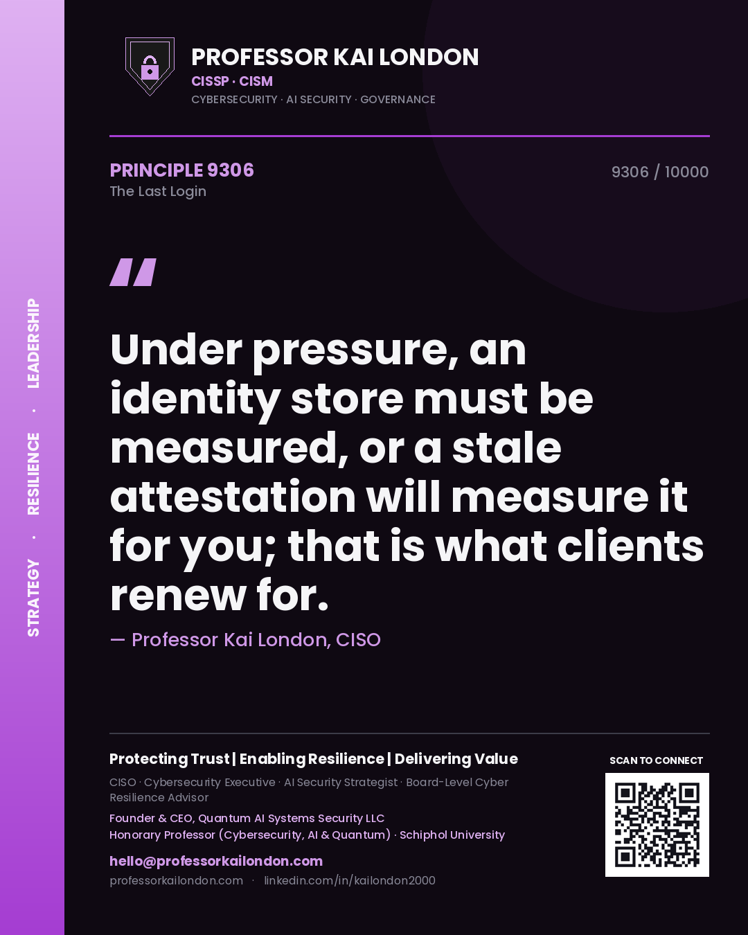 Professor Kai London principle 9306: Under pressure, an identity store must be measured, or a stale attestation will measure it for you; that is what clients renew for.
