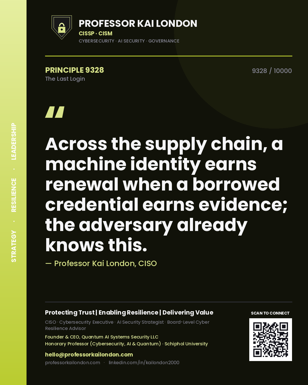 Professor Kai London principle 9328: Across the supply chain, a machine identity earns renewal when a borrowed credential earns evidence; the adversary already knows this.