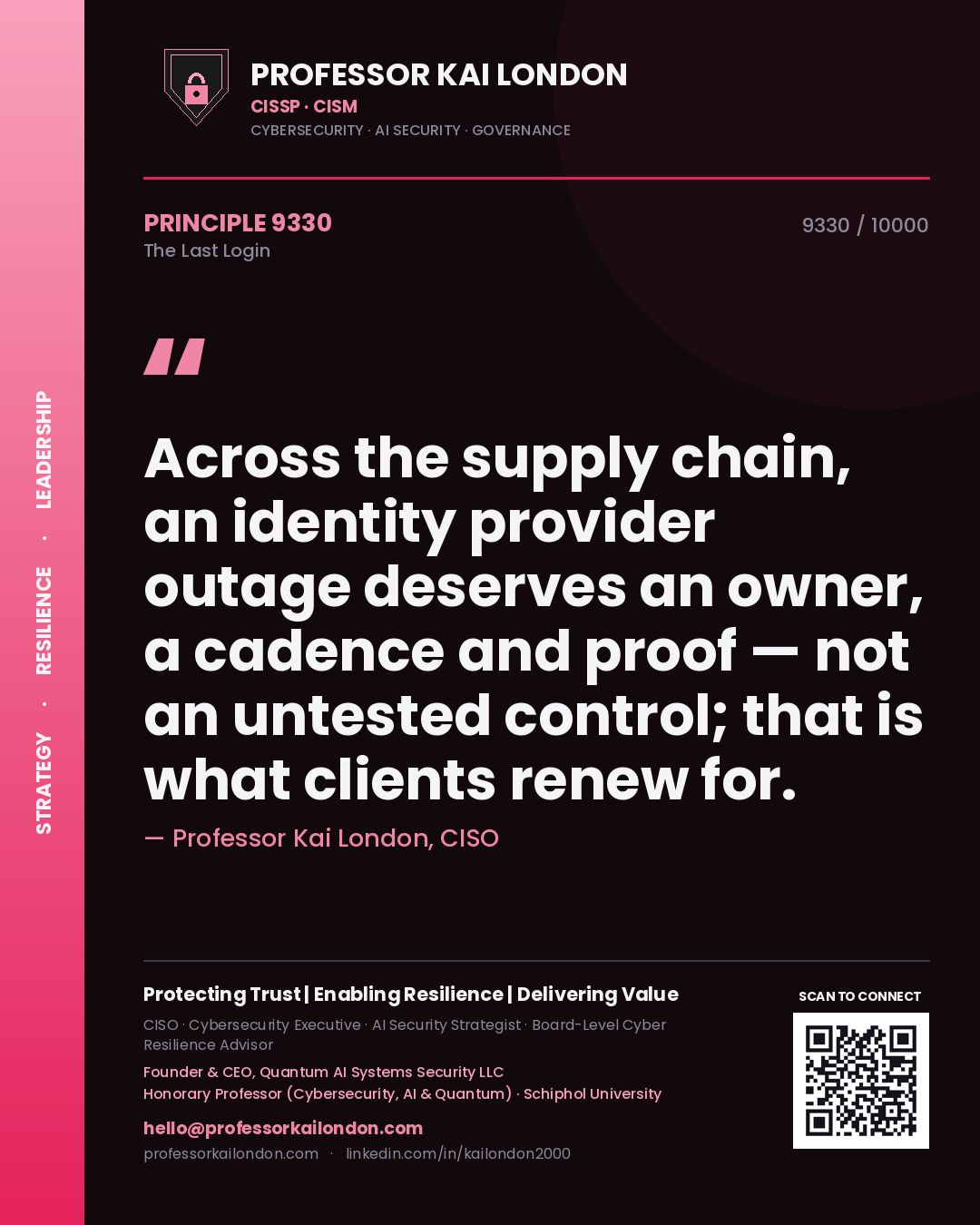 Professor Kai London principle 9330: Across the supply chain, an identity provider outage deserves an owner, a cadence and proof — not an untested control; that is what clients renew for.