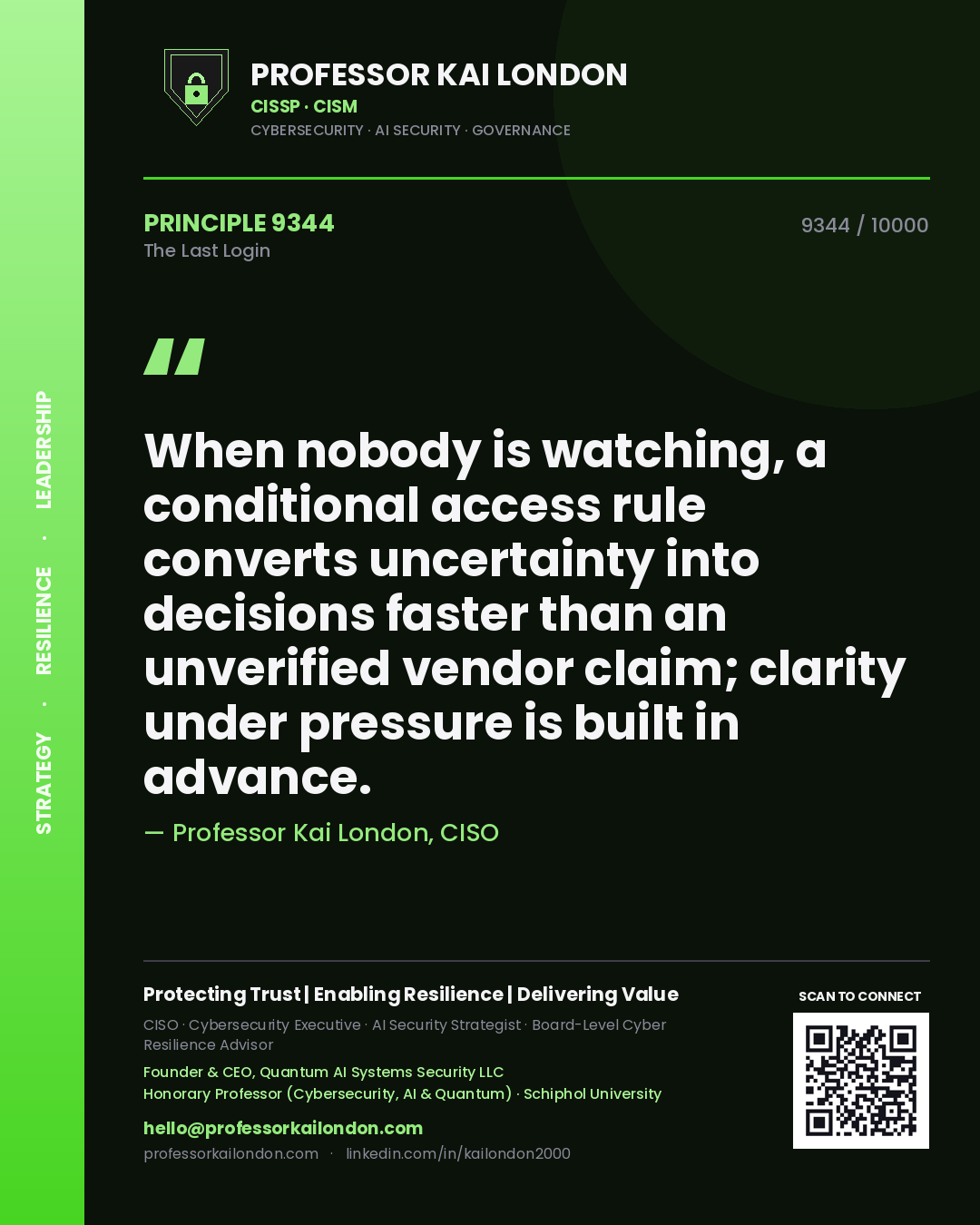 Quote card by Professor Kai London reading 'When nobody is watching, a conditional access rule converts uncertainty into decisions faster than an unverified vendor claim; clarity under pressure is built in advance.'. From the book The Last Login.