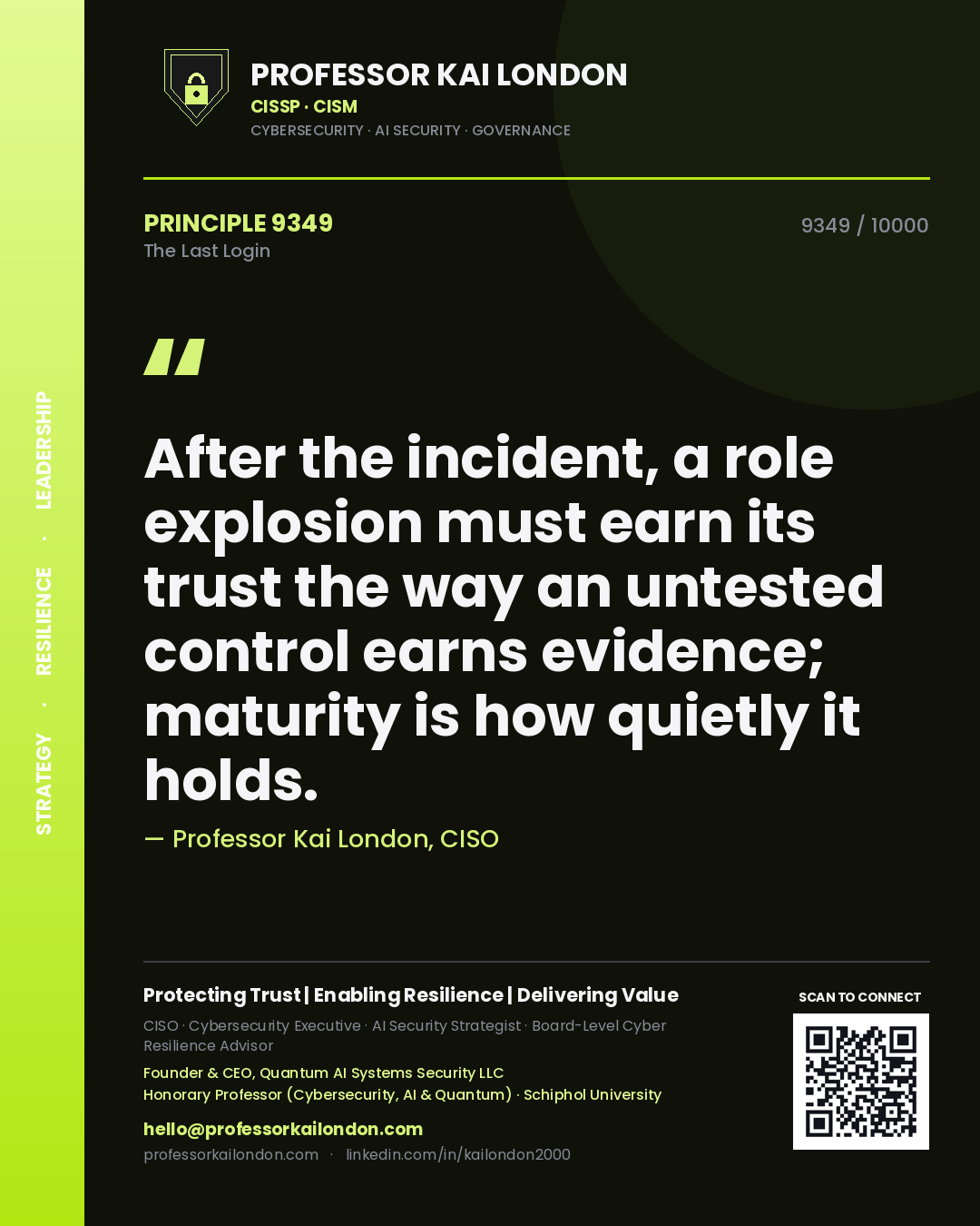 Professor Kai London principle 9349: After the incident, a role explosion must earn its trust the way an untested control earns evidence; maturity is how quietly it holds.