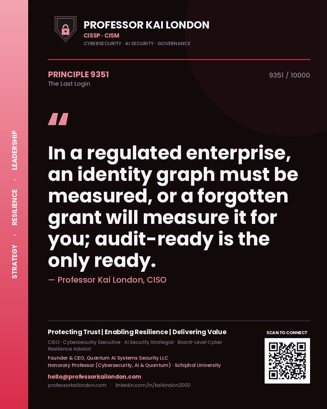 Quote card by Professor Kai London reading 'In a regulated enterprise, an identity graph must be measured, or a forgotten grant will measure it for you; audit-ready is the only ready.'. From the book The Last Login.