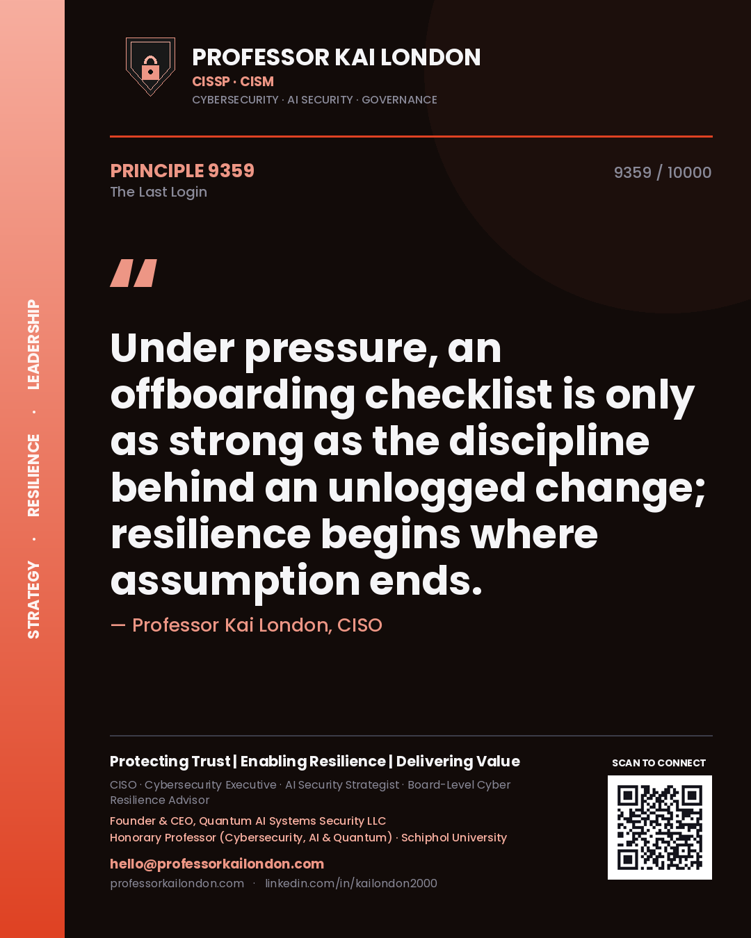 Quote card by Professor Kai London reading 'Under pressure, an offboarding checklist is only as strong as the discipline behind an unlogged change; resilience begins where assumption ends.'. From the book The Last Login.