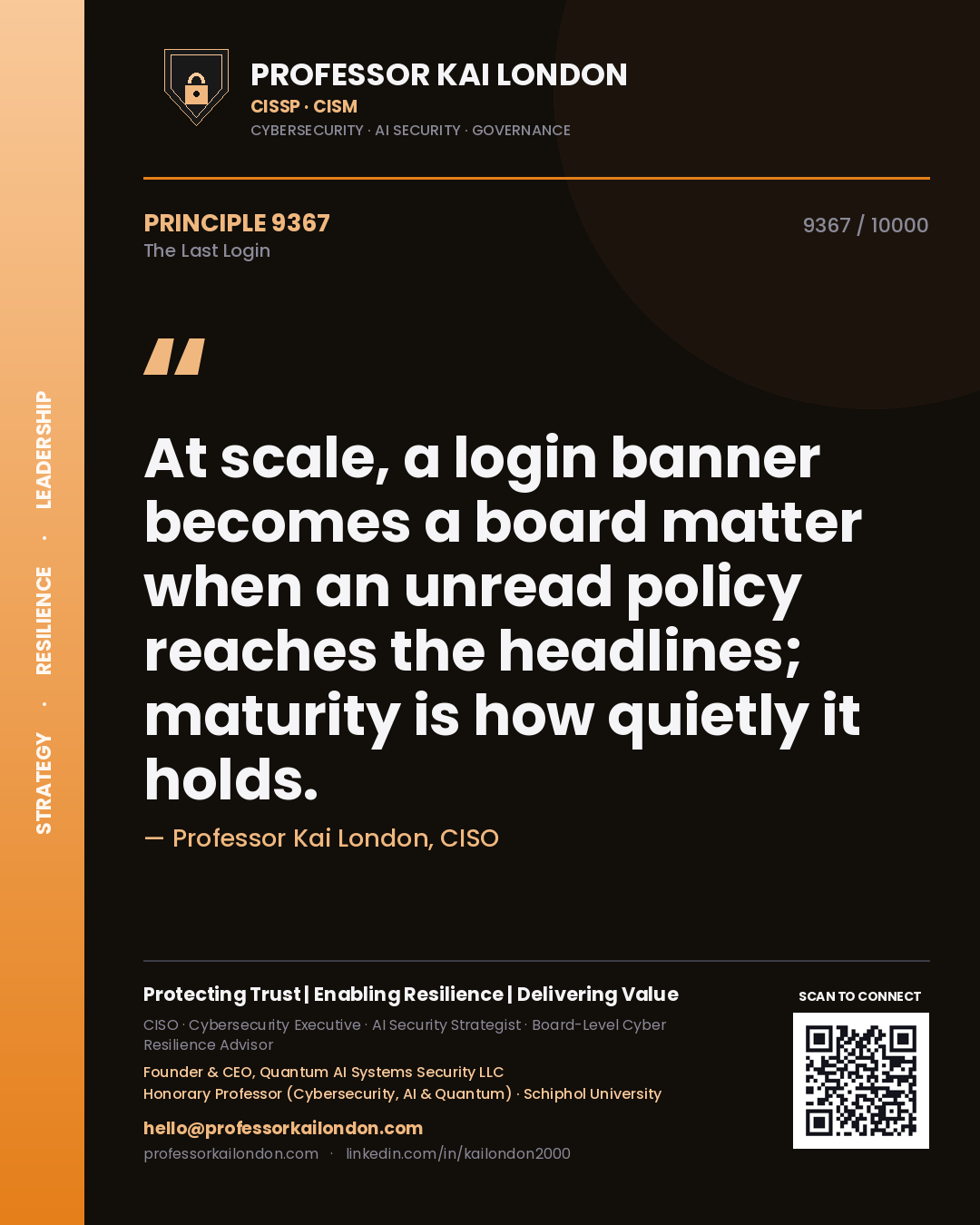 Professor Kai London principle 9367: At scale, a login banner becomes a board matter when an unread policy reaches the headlines; maturity is how quietly it holds.