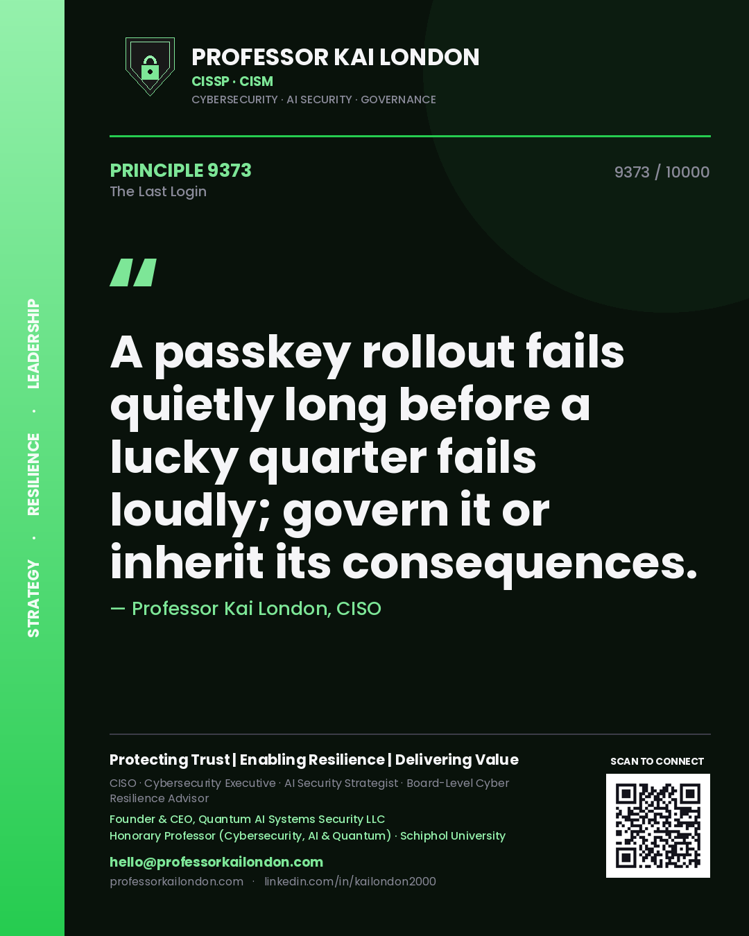 Professor Kai London principle 9373: A passkey rollout fails quietly long before a lucky quarter fails loudly; govern it or inherit its consequences.