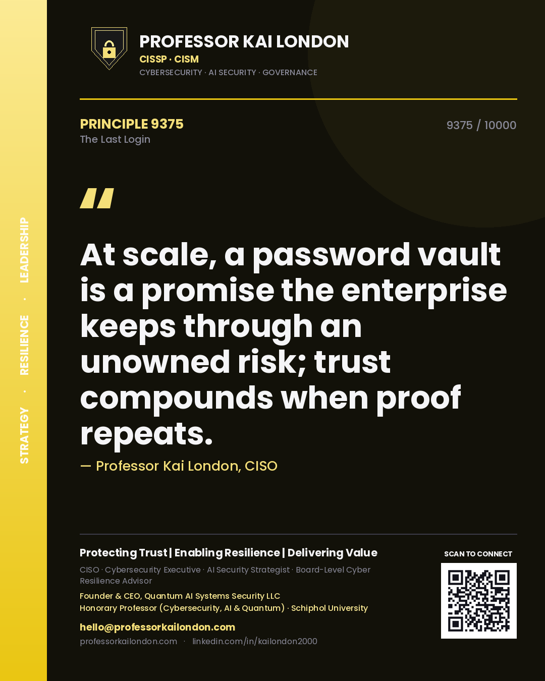 Professor Kai London principle 9375: At scale, a password vault is a promise the enterprise keeps through an unowned risk; trust compounds when proof repeats.
