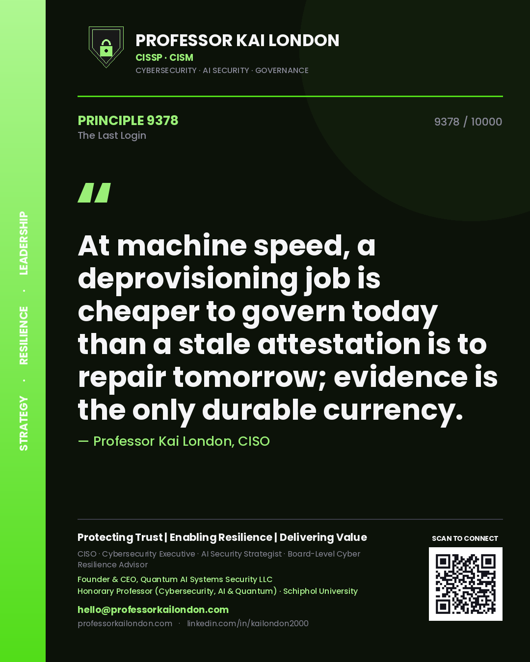 Quote card by Professor Kai London reading 'At machine speed, a deprovisioning job is cheaper to govern today than a stale attestation is to repair tomorrow; evidence is the only durable currency.'. From the book The Last Login.