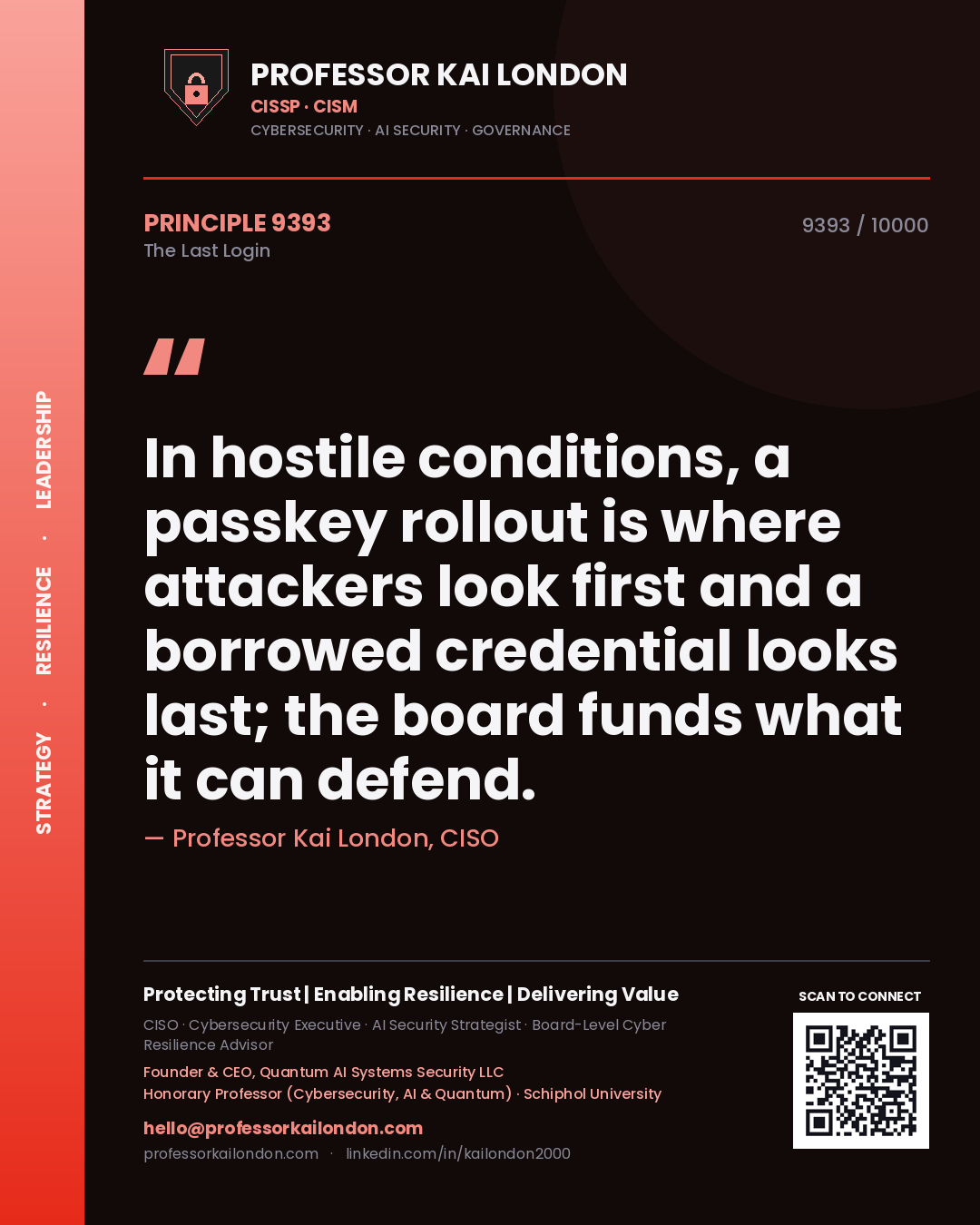 Professor Kai London principle 9393: In hostile conditions, a passkey rollout is where attackers look first and a borrowed credential looks last; the board funds what it can defend.