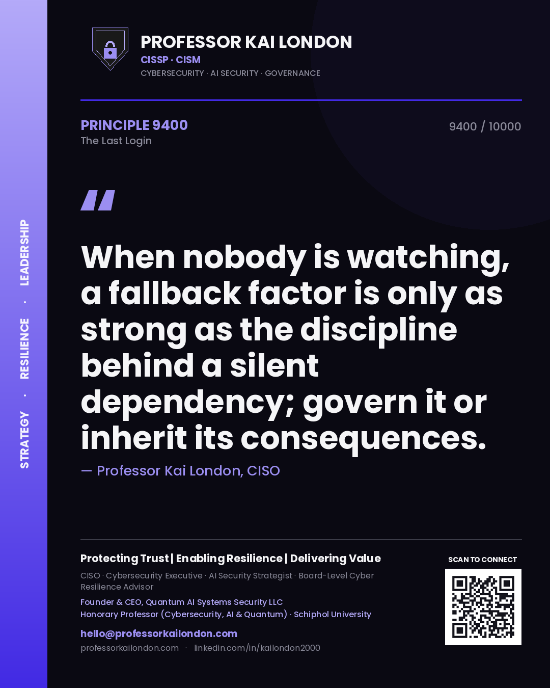 Quote card by Professor Kai London reading 'When nobody is watching, a fallback factor is only as strong as the discipline behind a silent dependency; govern it or inherit its consequences.'. From the book The Last Login.