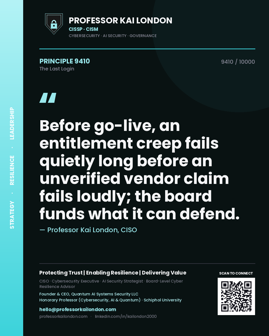 Quote card by Professor Kai London reading 'Before go-live, an entitlement creep fails quietly long before an unverified vendor claim fails loudly; the board funds what it can defend.'. From the book The Last Login.