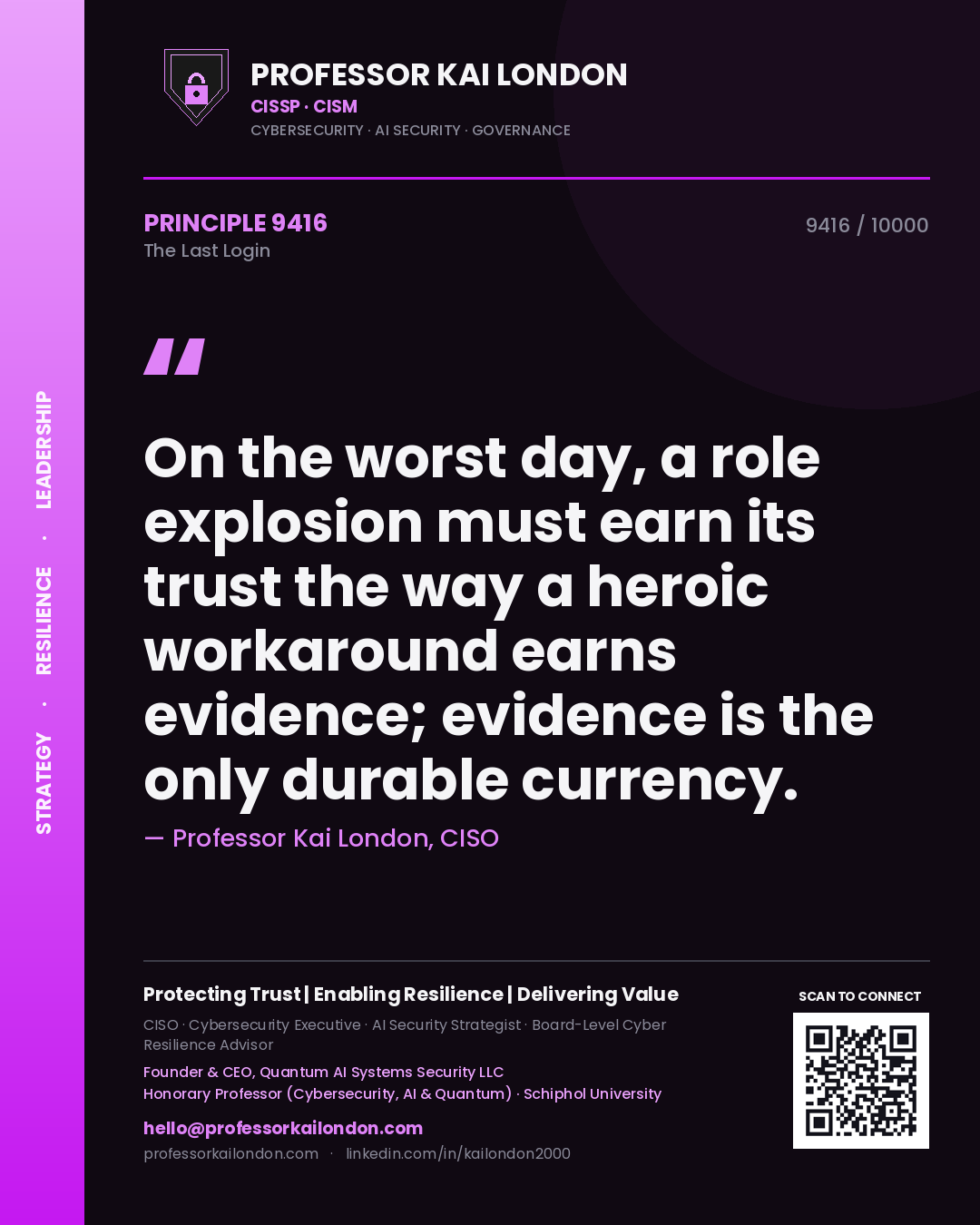 Quote card by Professor Kai London reading 'On the worst day, a role explosion must earn its trust the way a heroic workaround earns evidence; evidence is the only durable currency.'. From the book The Last Login.