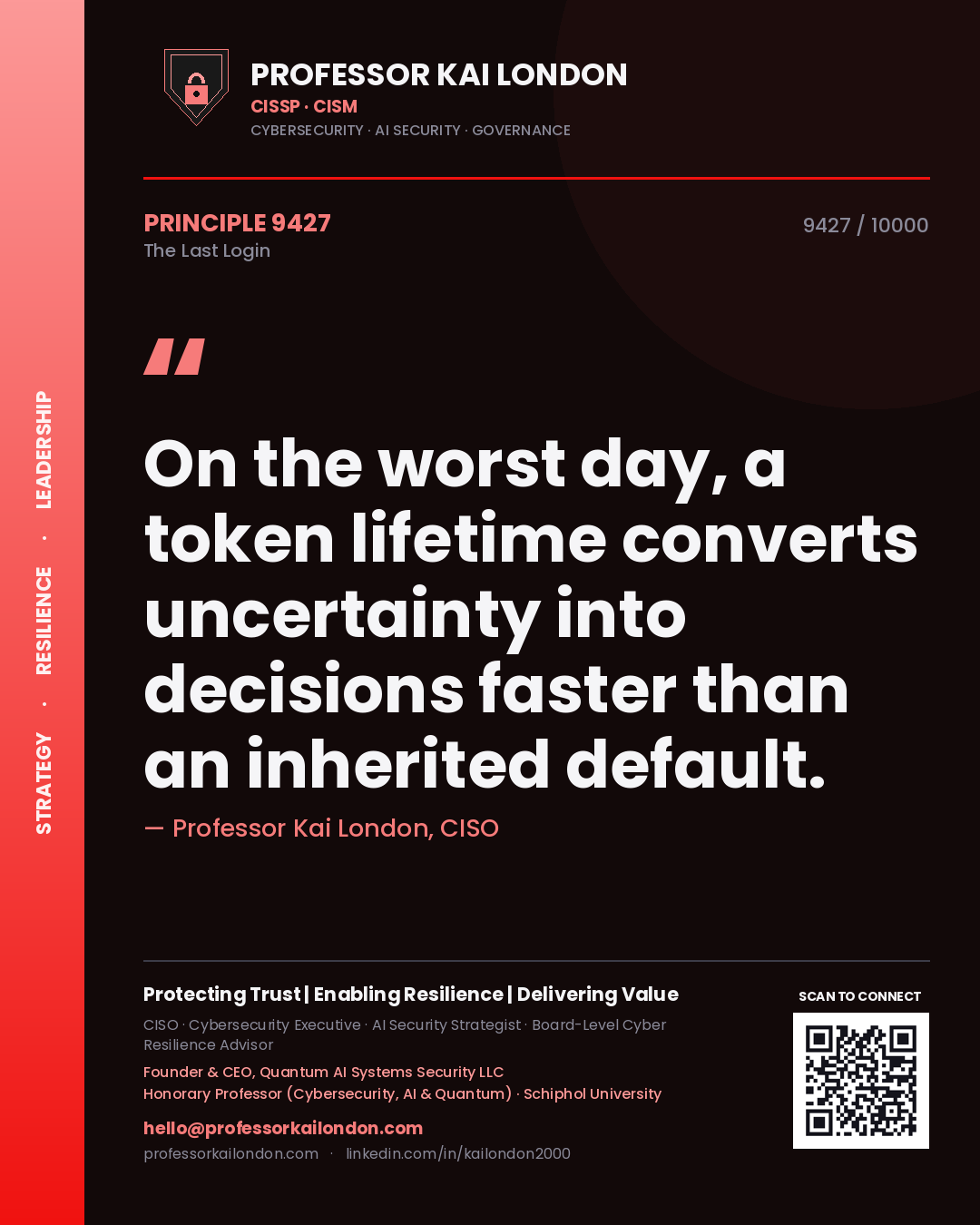 Quote card by Professor Kai London reading 'On the worst day, a token lifetime converts uncertainty into decisions faster than an inherited default.'. From the book The Last Login.