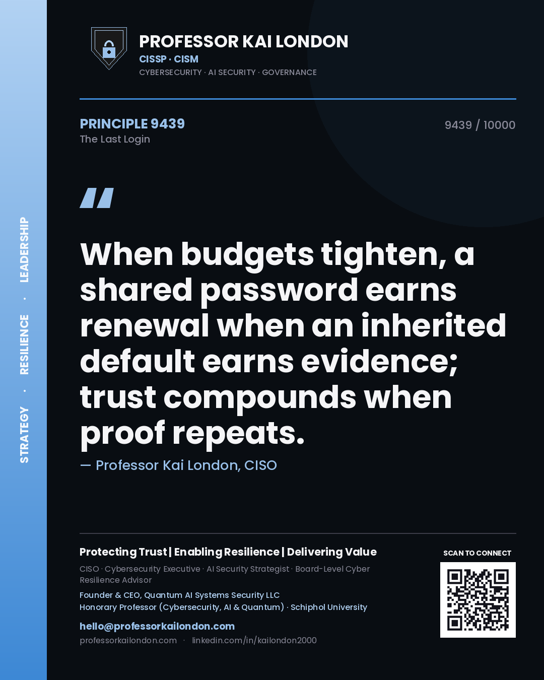 Quote card by Professor Kai London reading 'When budgets tighten, a shared password earns renewal when an inherited default earns evidence; trust compounds when proof repeats.'. From the book The Last Login.