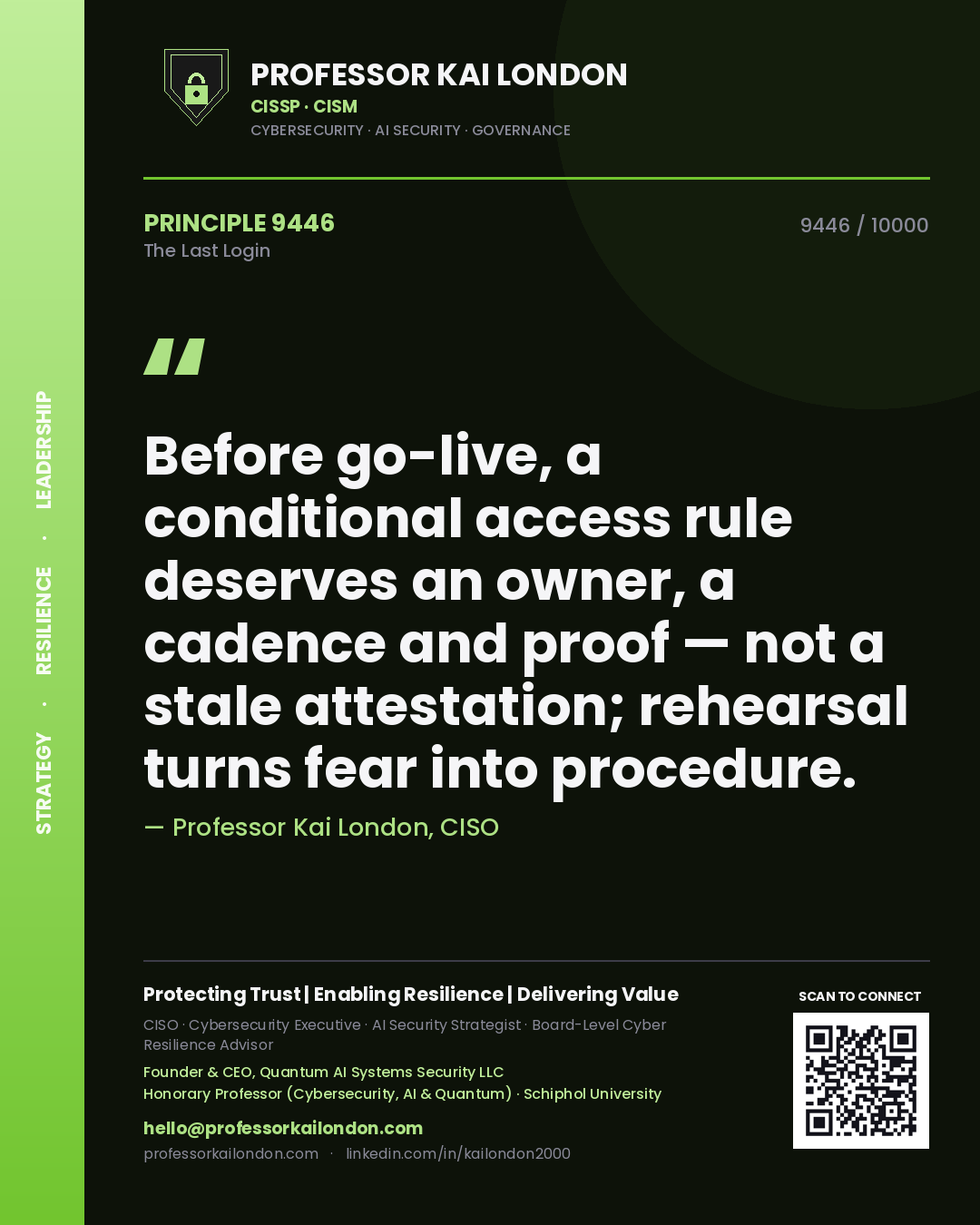 Professor Kai London principle 9446: Before go-live, a conditional access rule deserves an owner, a cadence and proof — not a stale attestation; rehearsal turns fear into procedure.