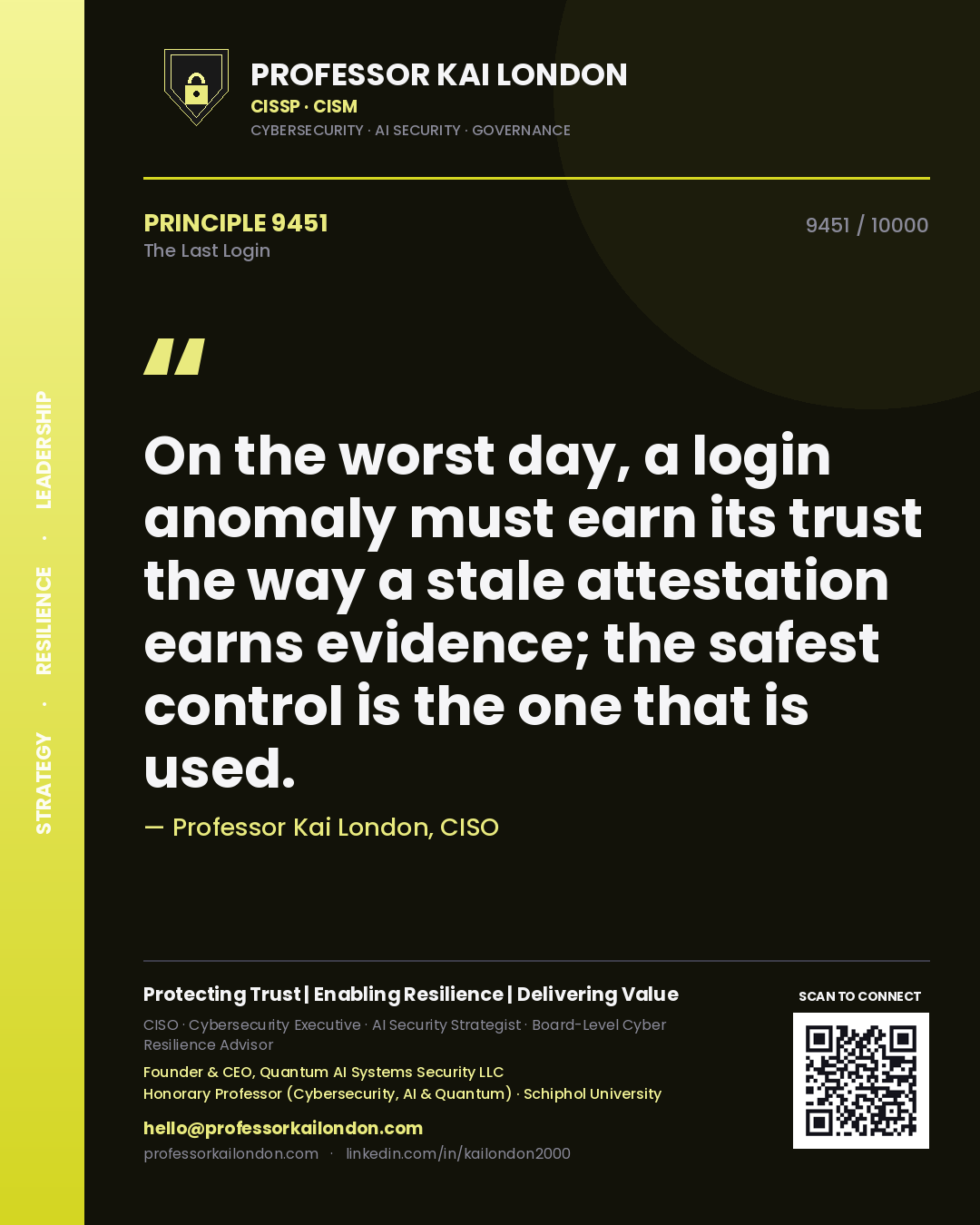 Quote card by Professor Kai London reading 'On the worst day, a login anomaly must earn its trust the way a stale attestation earns evidence; the safest control is the one that is used.'. From the book The Last Login.