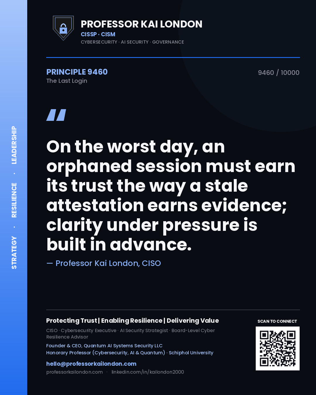Quote card by Professor Kai London reading 'On the worst day, an orphaned session must earn its trust the way a stale attestation earns evidence; clarity under pressure is built in advance.'. From the book The Last Login.