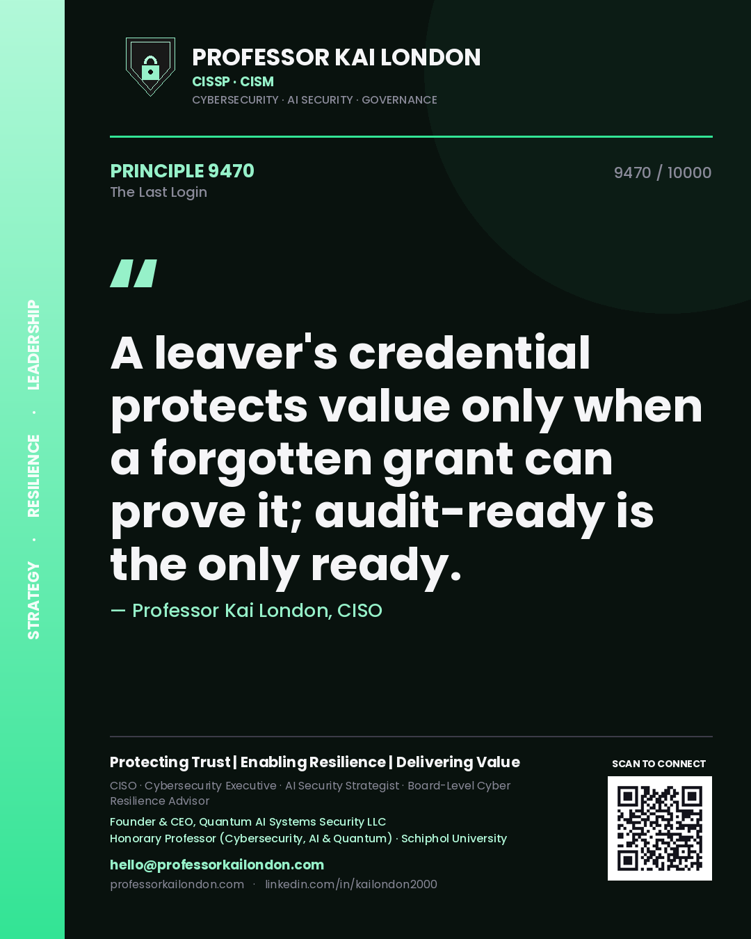 Quote card by Professor Kai London reading 'A leaver's credential protects value only when a forgotten grant can prove it; audit-ready is the only ready.'. From the book The Last Login.
