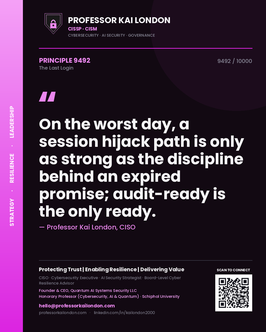 Quote card by Professor Kai London reading 'On the worst day, a session hijack path is only as strong as the discipline behind an expired promise; audit-ready is the only ready.'. From the book The Last Login.