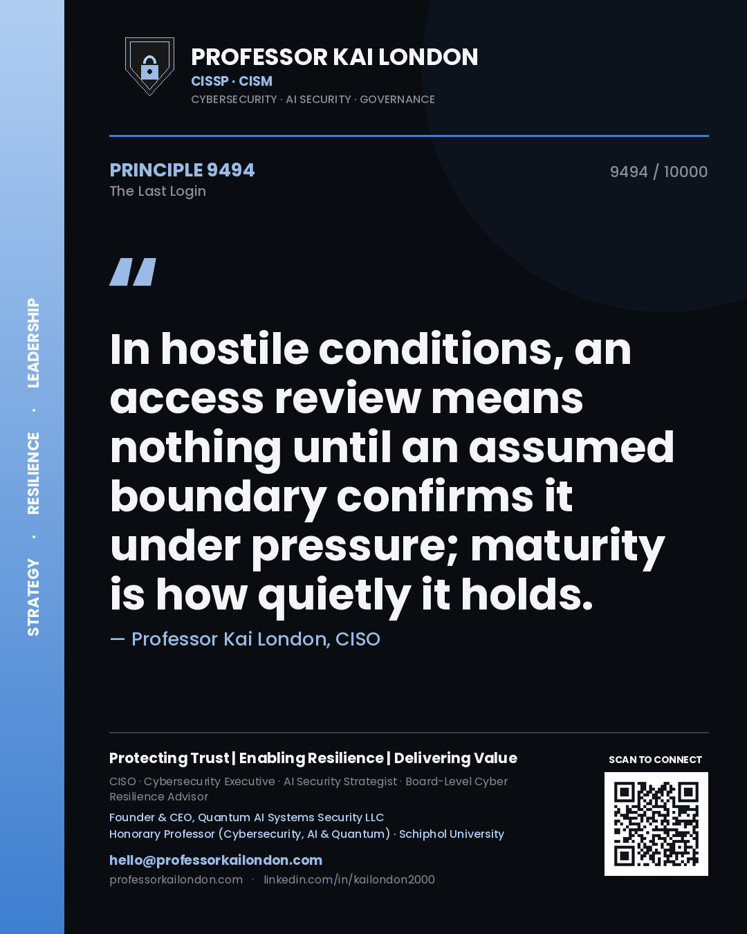 Quote card by Professor Kai London reading 'In hostile conditions, an access review means nothing until an assumed boundary confirms it under pressure; maturity is how quietly it holds.'. From the book The Last Login.