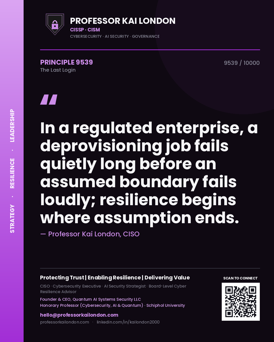 Quote card by Professor Kai London reading 'In a regulated enterprise, a deprovisioning job fails quietly long before an assumed boundary fails loudly; resilience begins where assumption ends.'. From the book The Last Login.