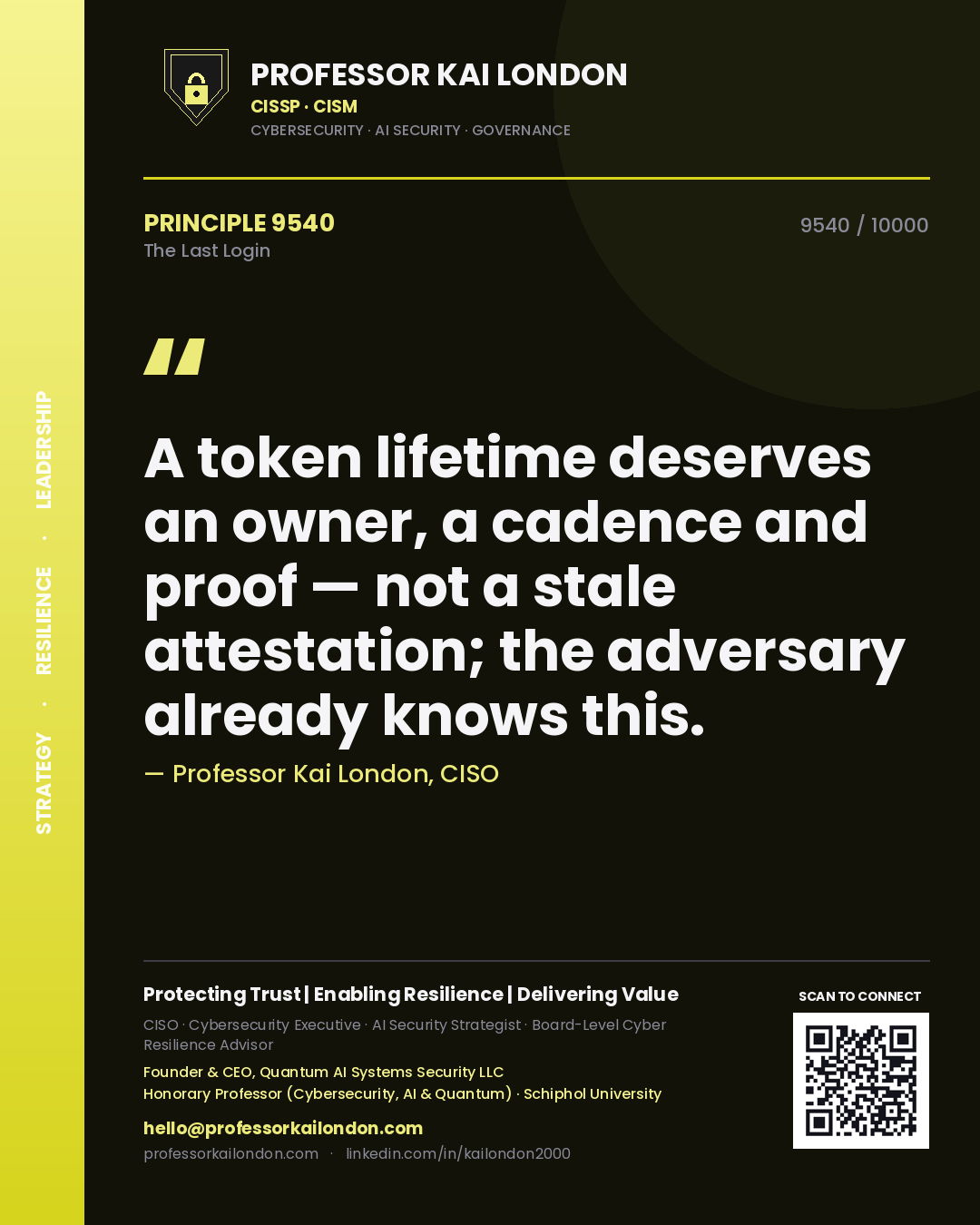 Professor Kai London principle 9540: A token lifetime deserves an owner, a cadence and proof — not a stale attestation; the adversary already knows this.