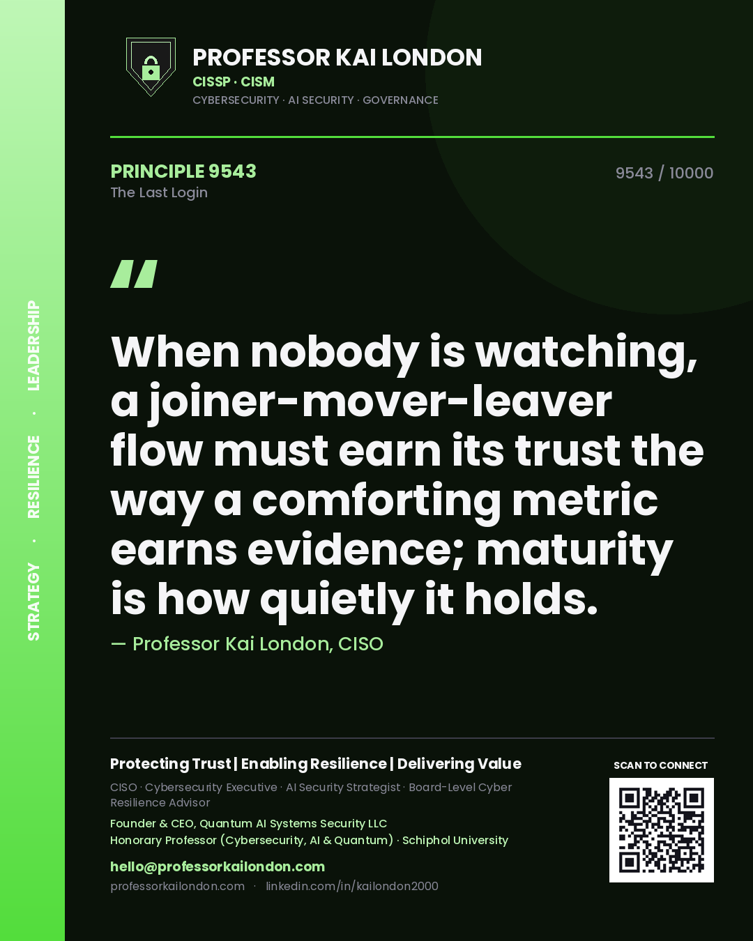 Quote card by Professor Kai London reading 'When nobody is watching, a joiner-mover-leaver flow must earn its trust the way a comforting metric earns evidence; maturity is how quietly it holds.'. From the book The Last Login.