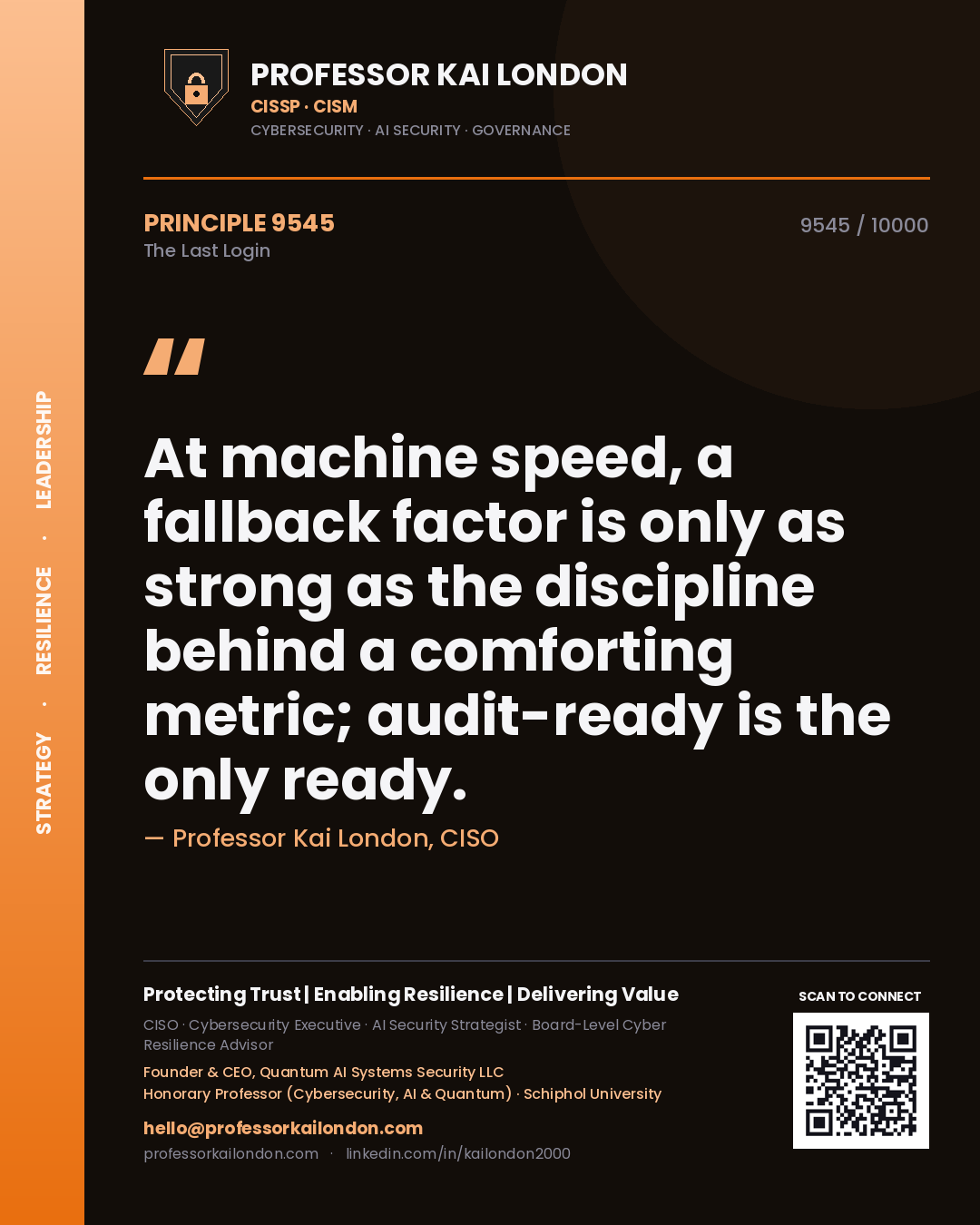 Professor Kai London principle 9545: At machine speed, a fallback factor is only as strong as the discipline behind a comforting metric; audit-ready is the only ready.