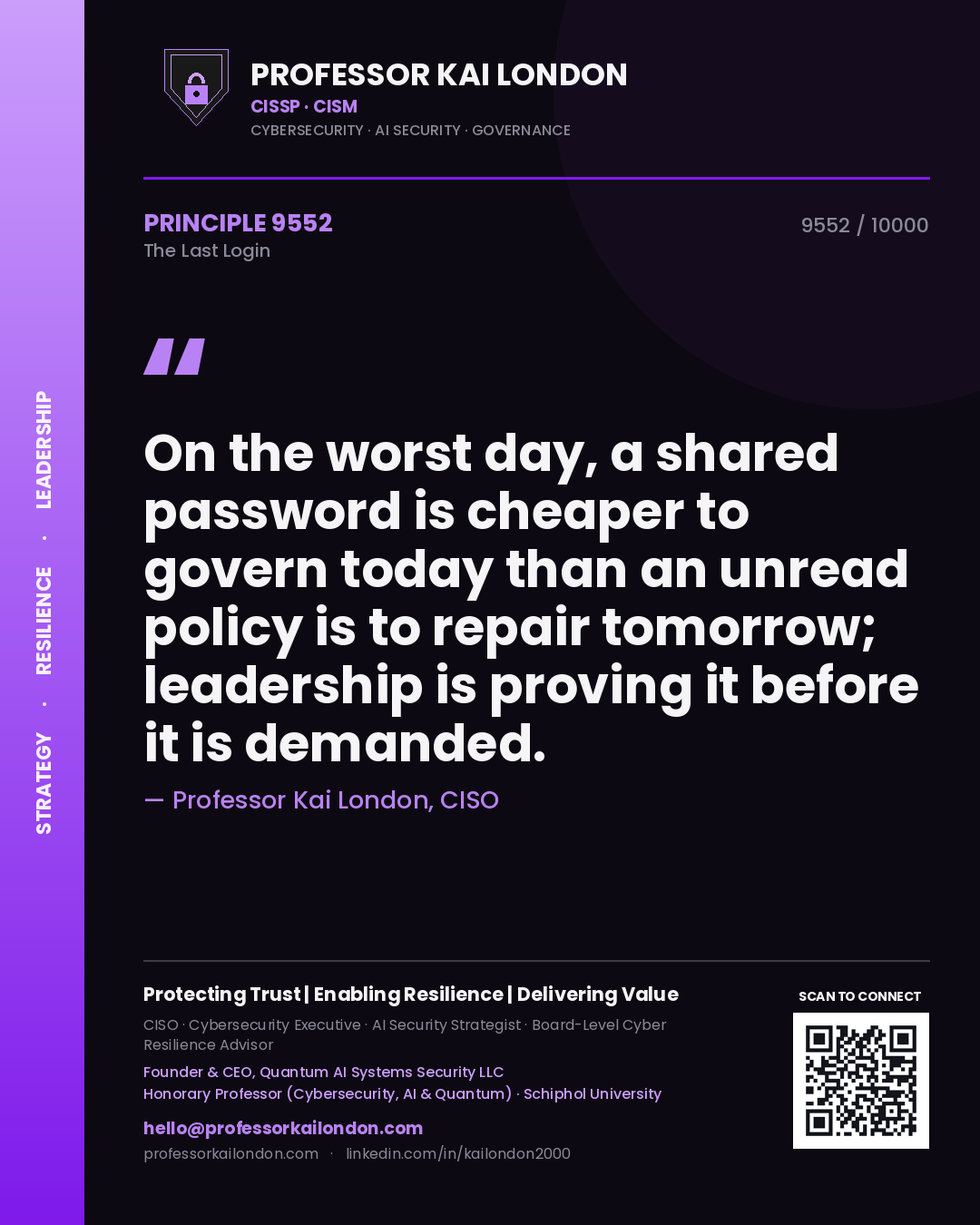 Quote card by Professor Kai London reading 'On the worst day, a shared password is cheaper to govern today than an unread policy is to repair tomorrow; leadership is proving it before it is demanded.'. From the book The Last Login.