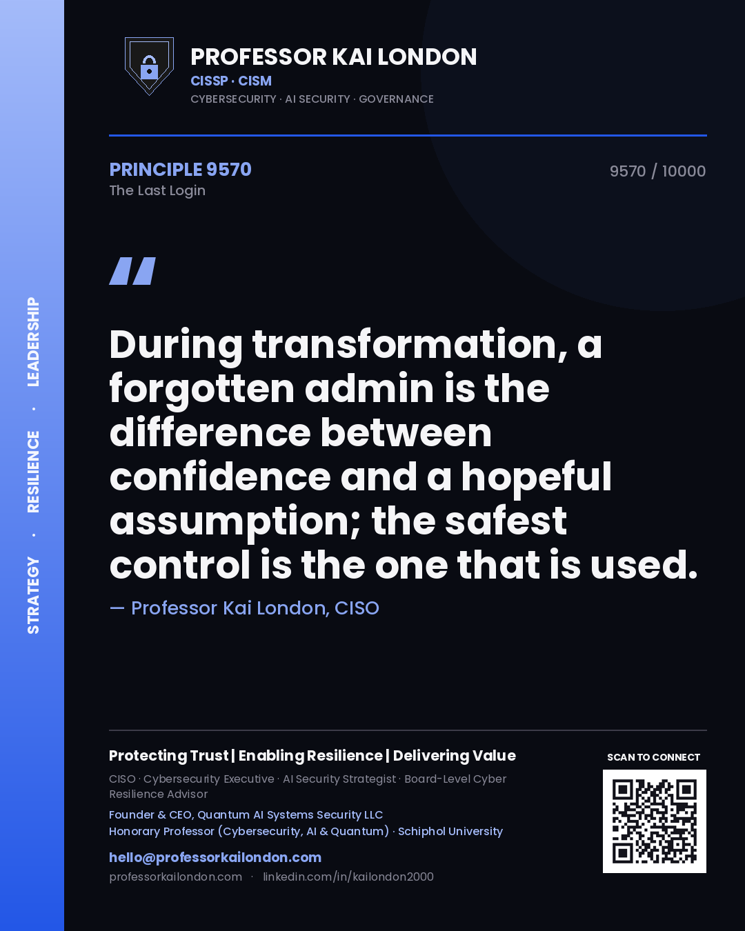 Professor Kai London principle 9570: During transformation, a forgotten admin is the difference between confidence and a hopeful assumption; the safest control is the one that is used.