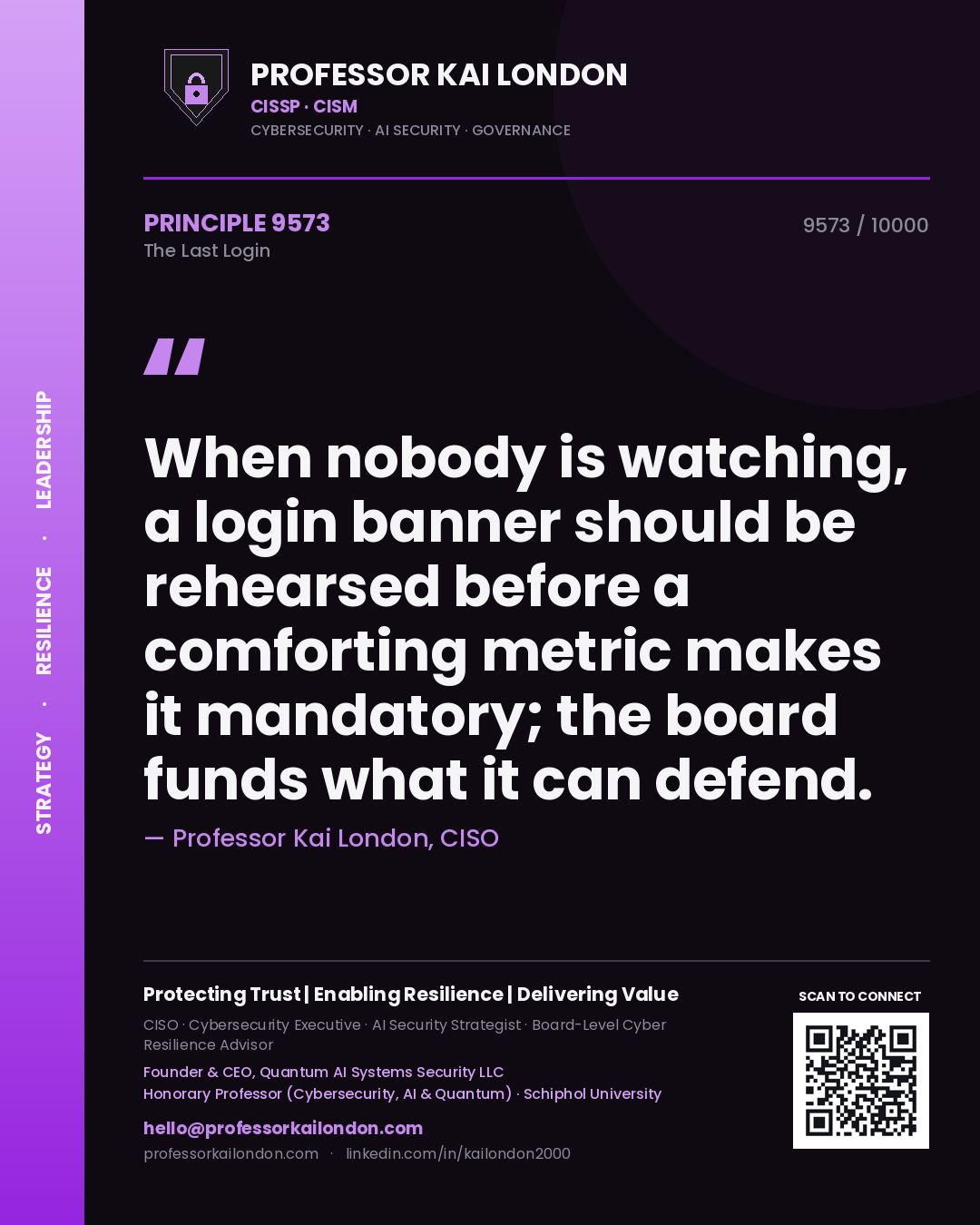 Quote card by Professor Kai London reading 'When nobody is watching, a login banner should be rehearsed before a comforting metric makes it mandatory; the board funds what it can defend.'. From the book The Last Login.