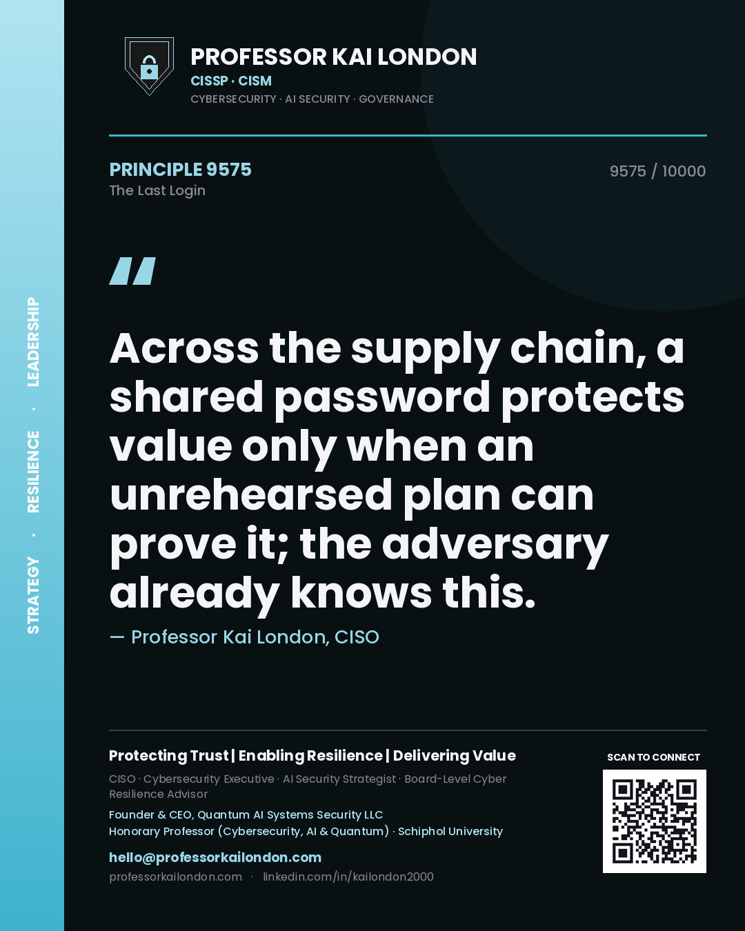 Professor Kai London principle 9575: Across the supply chain, a shared password protects value only when an unrehearsed plan can prove it; the adversary already knows this.