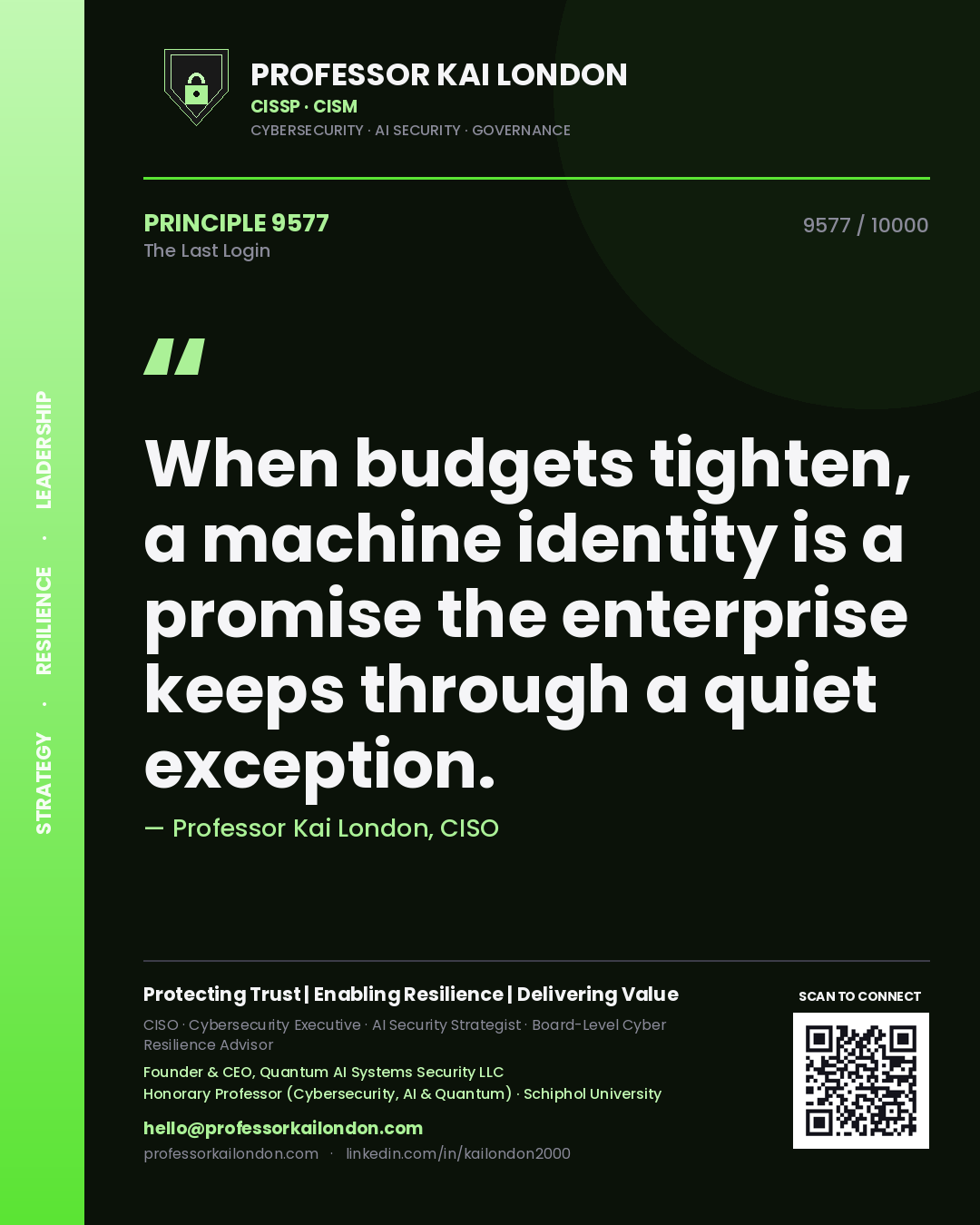 Professor Kai London principle 9577: When budgets tighten, a machine identity is a promise the enterprise keeps through a quiet exception.