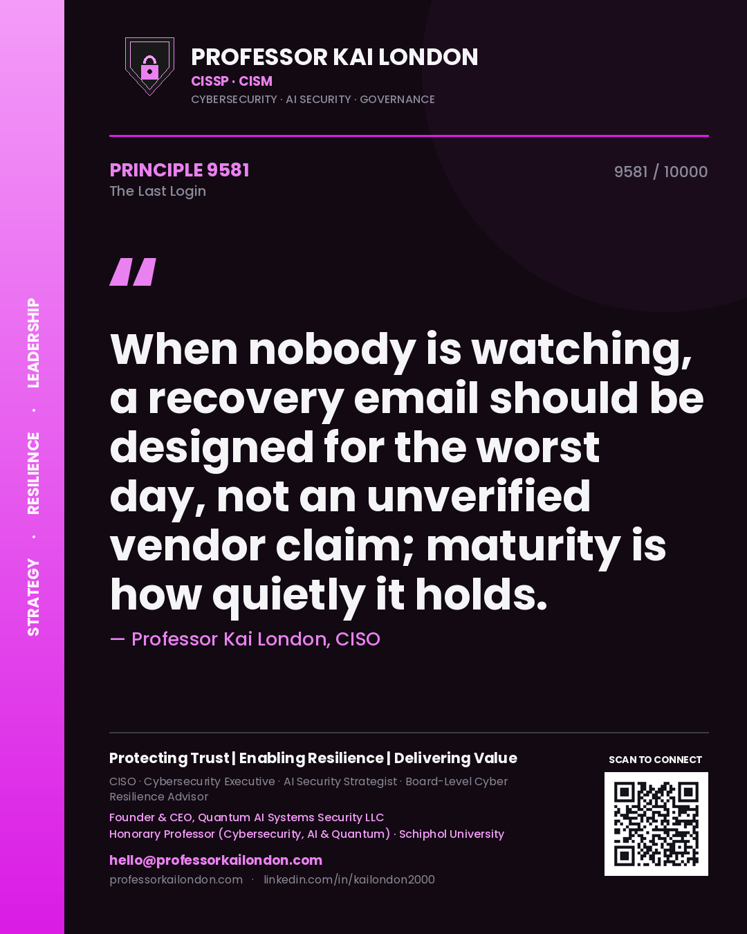 Quote card by Professor Kai London reading 'When nobody is watching, a recovery email should be designed for the worst day, not an unverified vendor claim; maturity is how quietly it holds.'. From the book The Last Login.