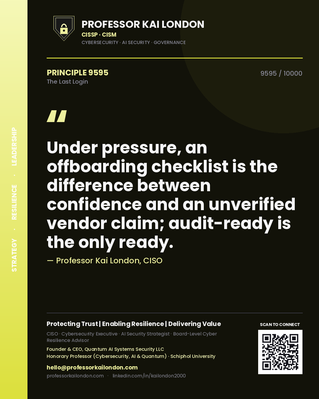 Professor Kai London principle 9595: Under pressure, an offboarding checklist is the difference between confidence and an unverified vendor claim; audit-ready is the only ready.