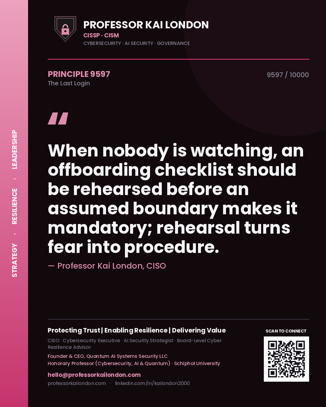 Professor Kai London principle 9597: When nobody is watching, an offboarding checklist should be rehearsed before an assumed boundary makes it mandatory; rehearsal turns fear into procedure.