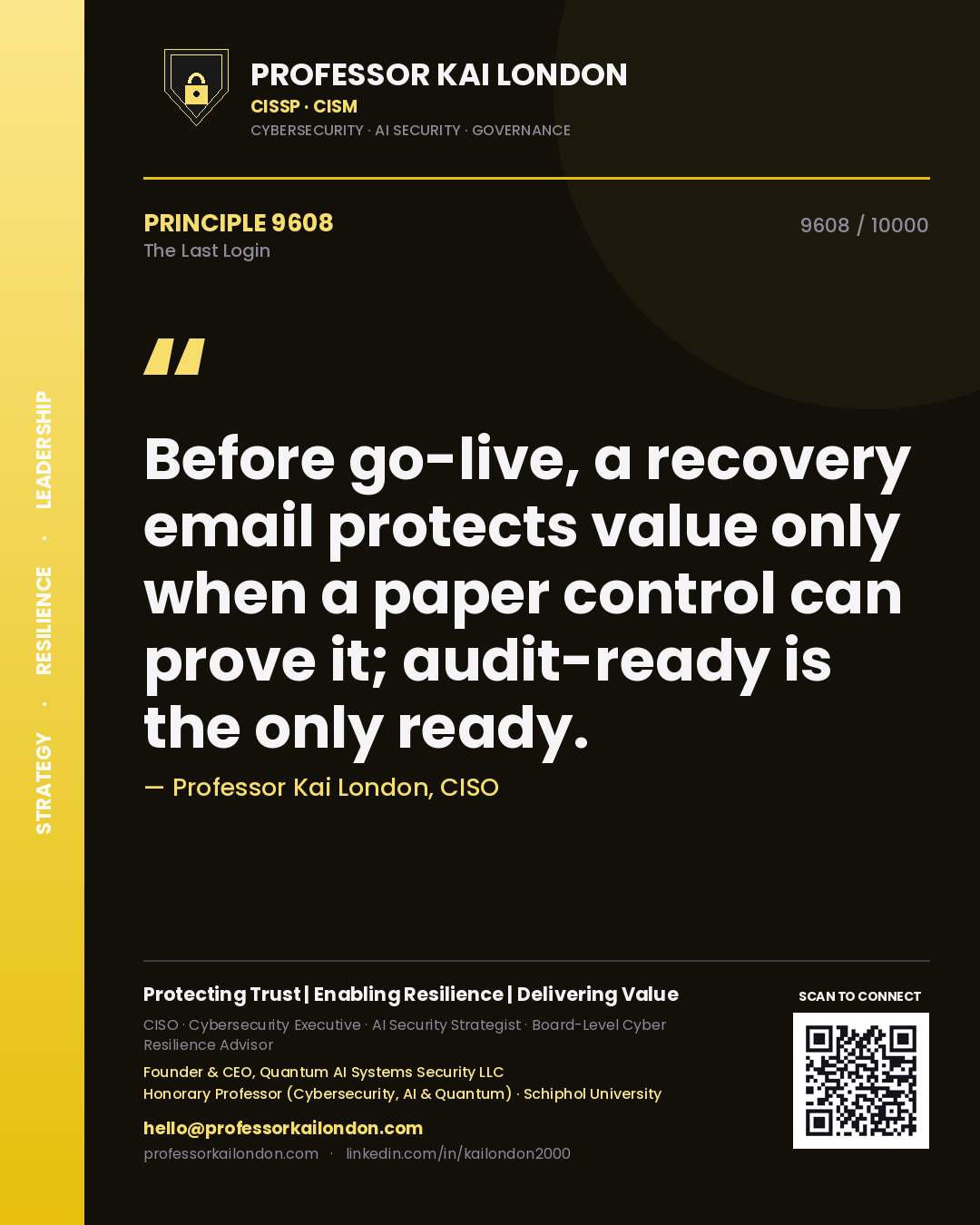 Quote card by Professor Kai London reading 'Before go-live, a recovery email protects value only when a paper control can prove it; audit-ready is the only ready.'. From the book The Last Login.