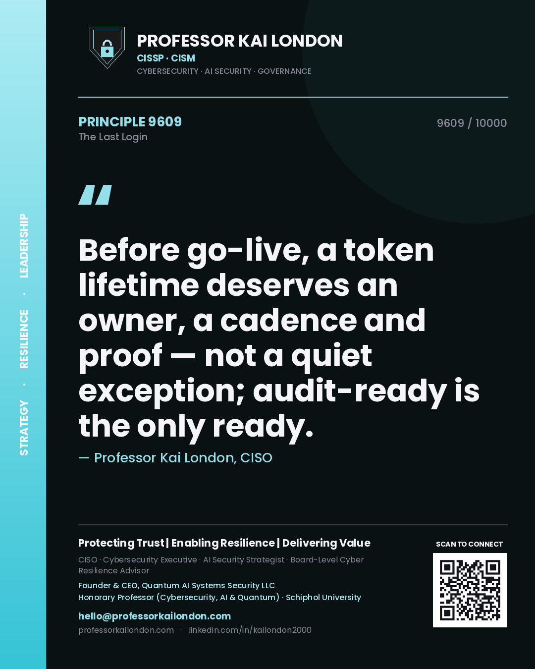Quote card by Professor Kai London reading 'Before go-live, a token lifetime deserves an owner, a cadence and proof — not a quiet exception; audit-ready is the only ready.'. From the book The Last Login.