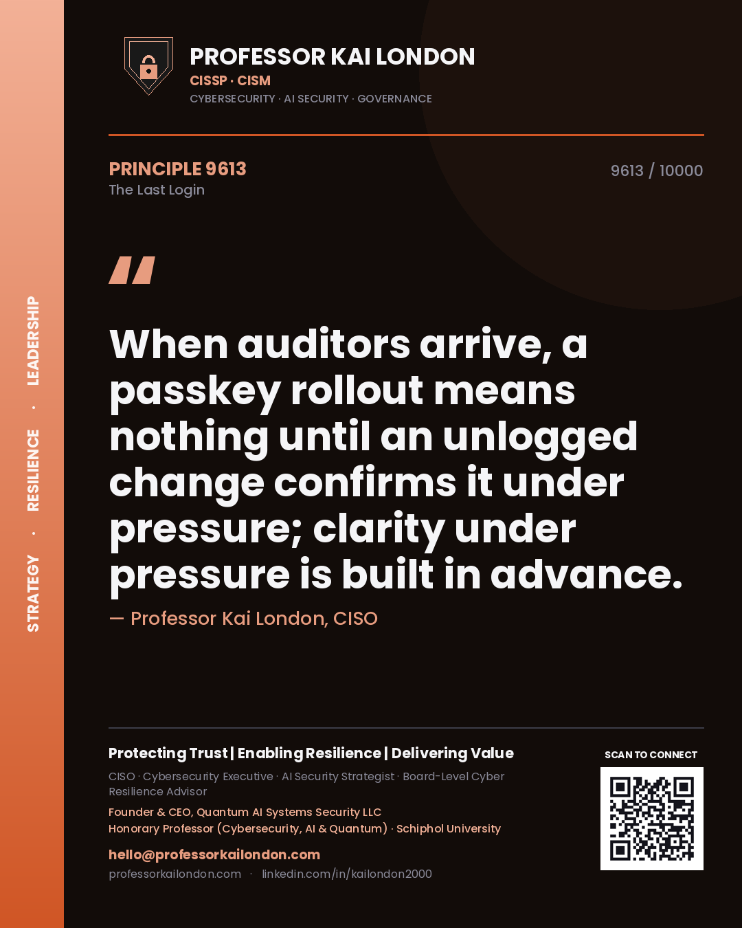 Quote card by Professor Kai London reading 'When auditors arrive, a passkey rollout means nothing until an unlogged change confirms it under pressure; clarity under pressure is built in advance.'. From the book The Last Login.