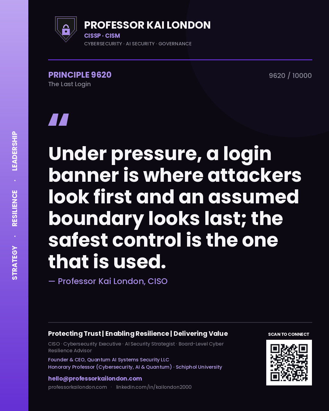 Quote card by Professor Kai London reading 'Under pressure, a login banner is where attackers look first and an assumed boundary looks last; the safest control is the one that is used.'. From the book The Last Login.
